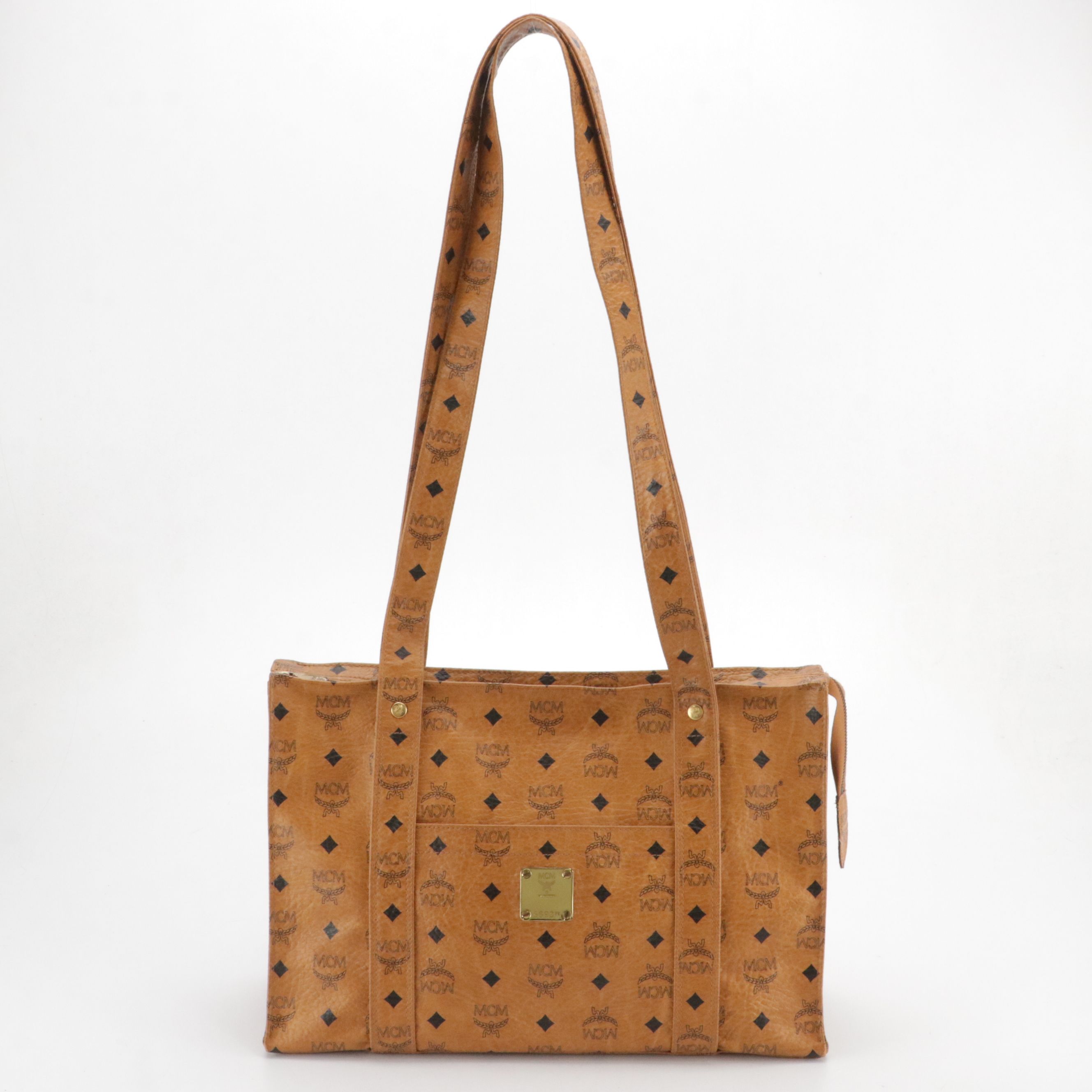 MCM Long Handle Front Pocket Tote Bag in Cognac Visetos Canvas