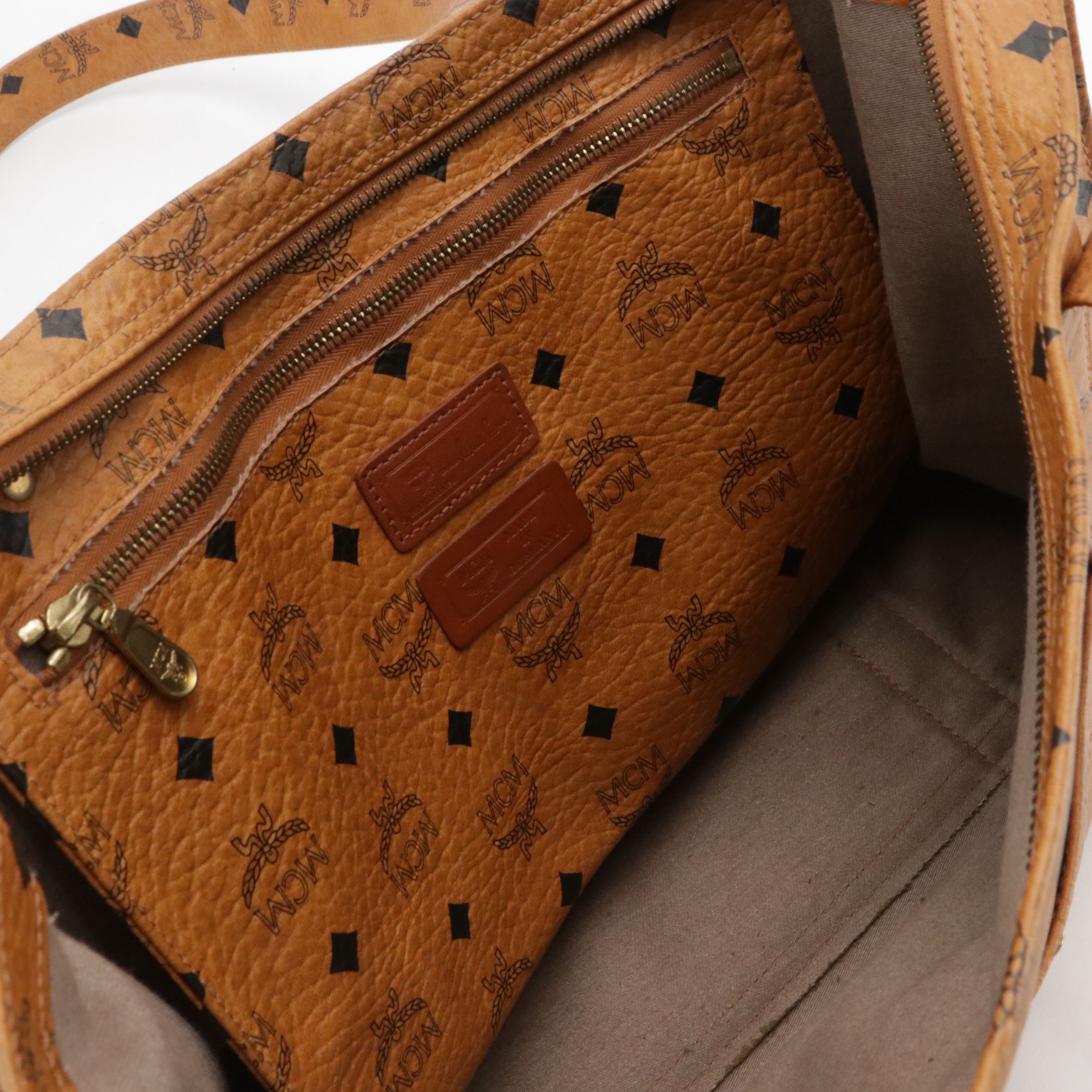 MCM Long Handle Front Pocket Tote Bag in Cognac Visetos Canvas