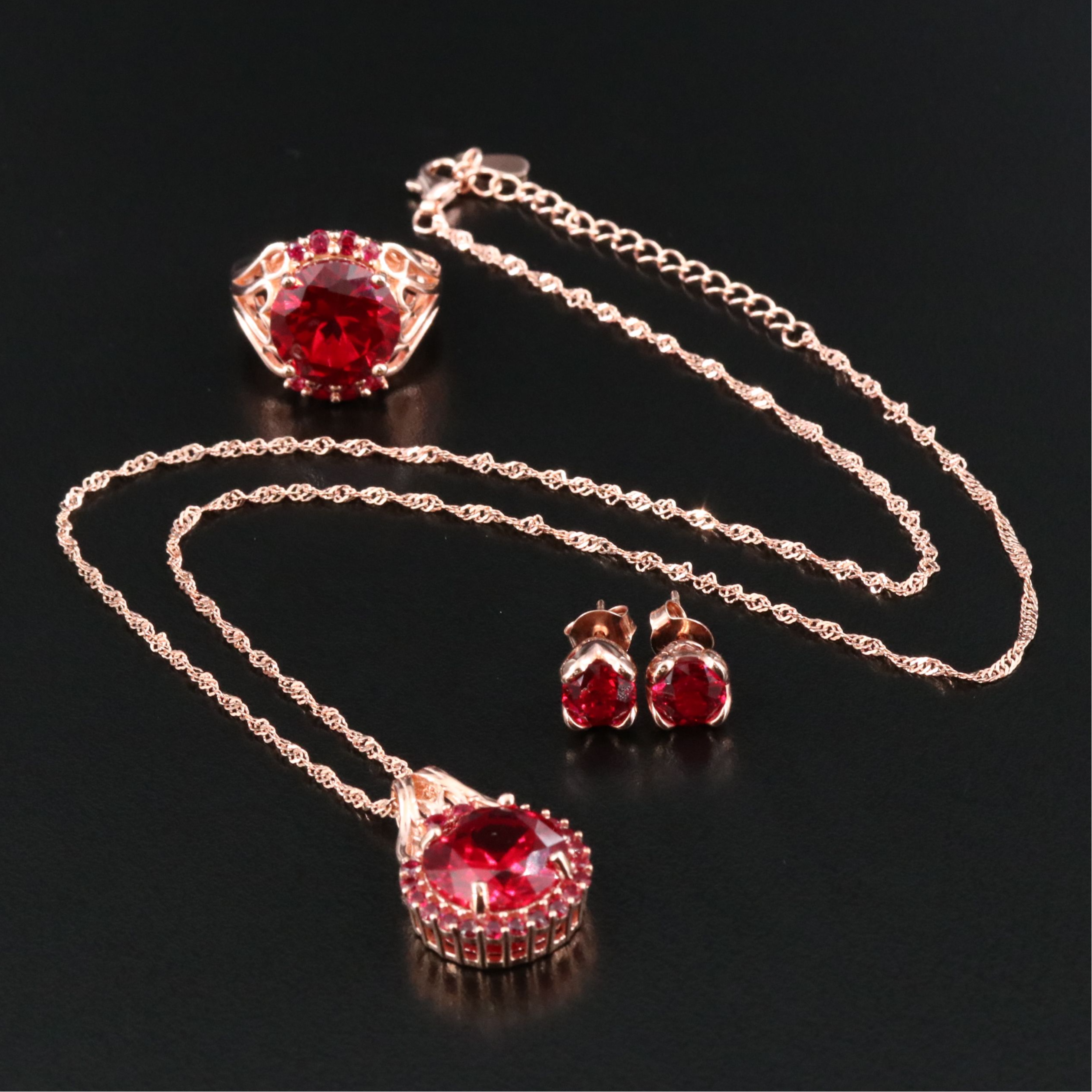 Sterling Ruby Earrings, Ring and Pendant Necklace