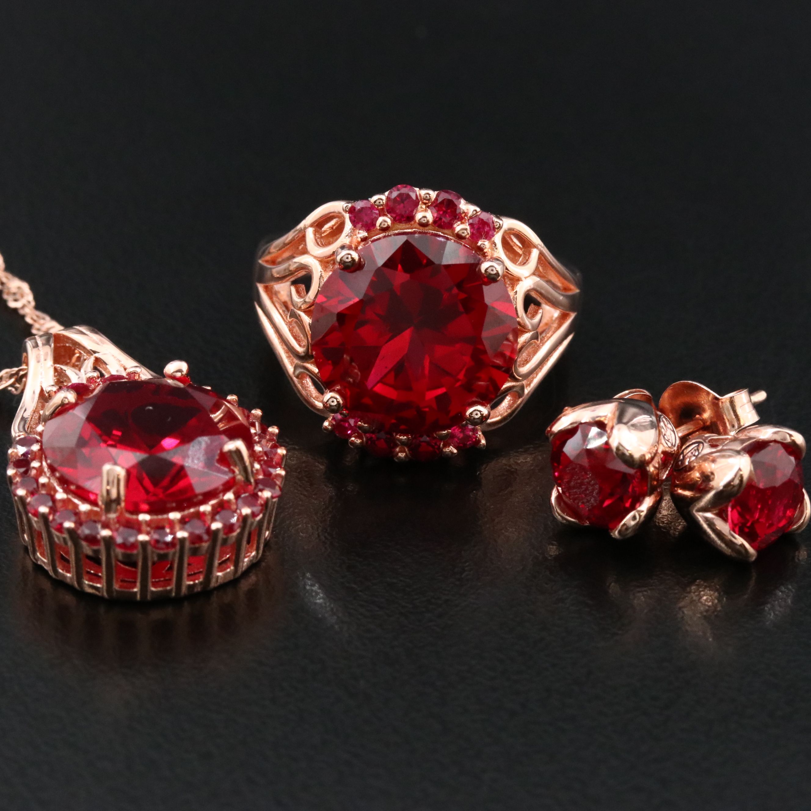 Sterling Ruby Earrings, Ring and Pendant Necklace