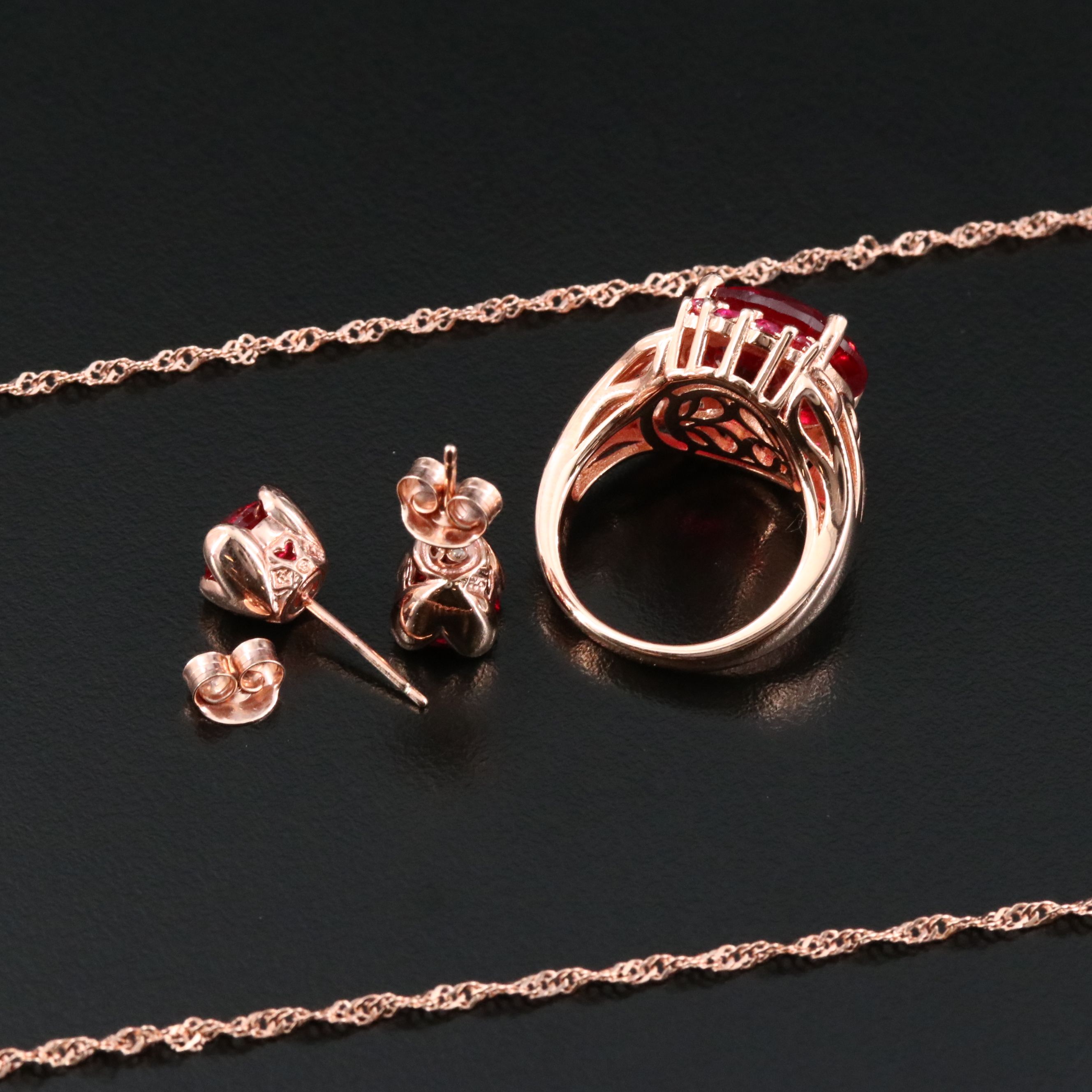 Sterling Ruby Earrings, Ring and Pendant Necklace