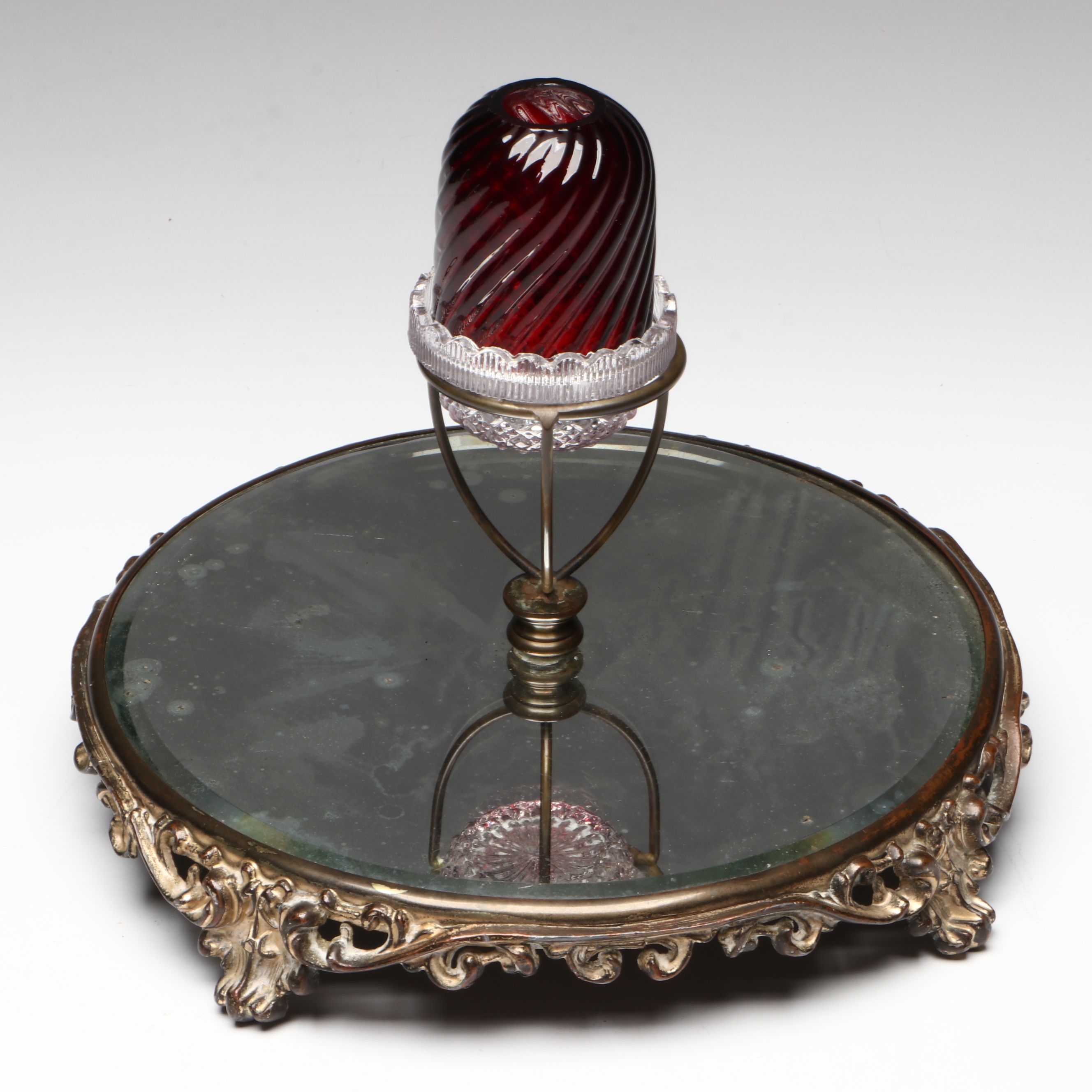 Rounded Filigree Mirror Tray with Fairy Lamp, Early to Mid-20th Century