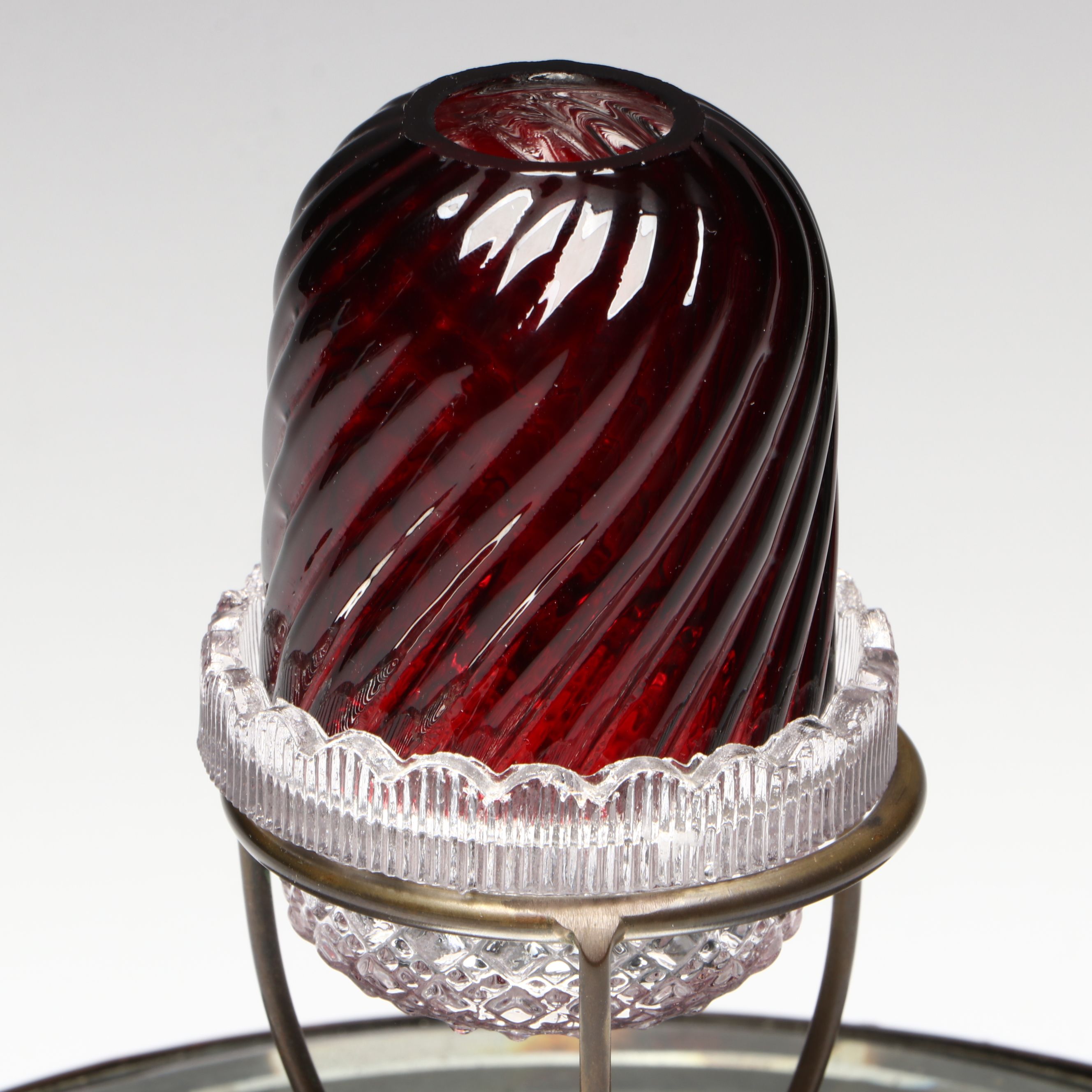 Rounded Filigree Mirror Tray with Fairy Lamp, Early to Mid-20th Century