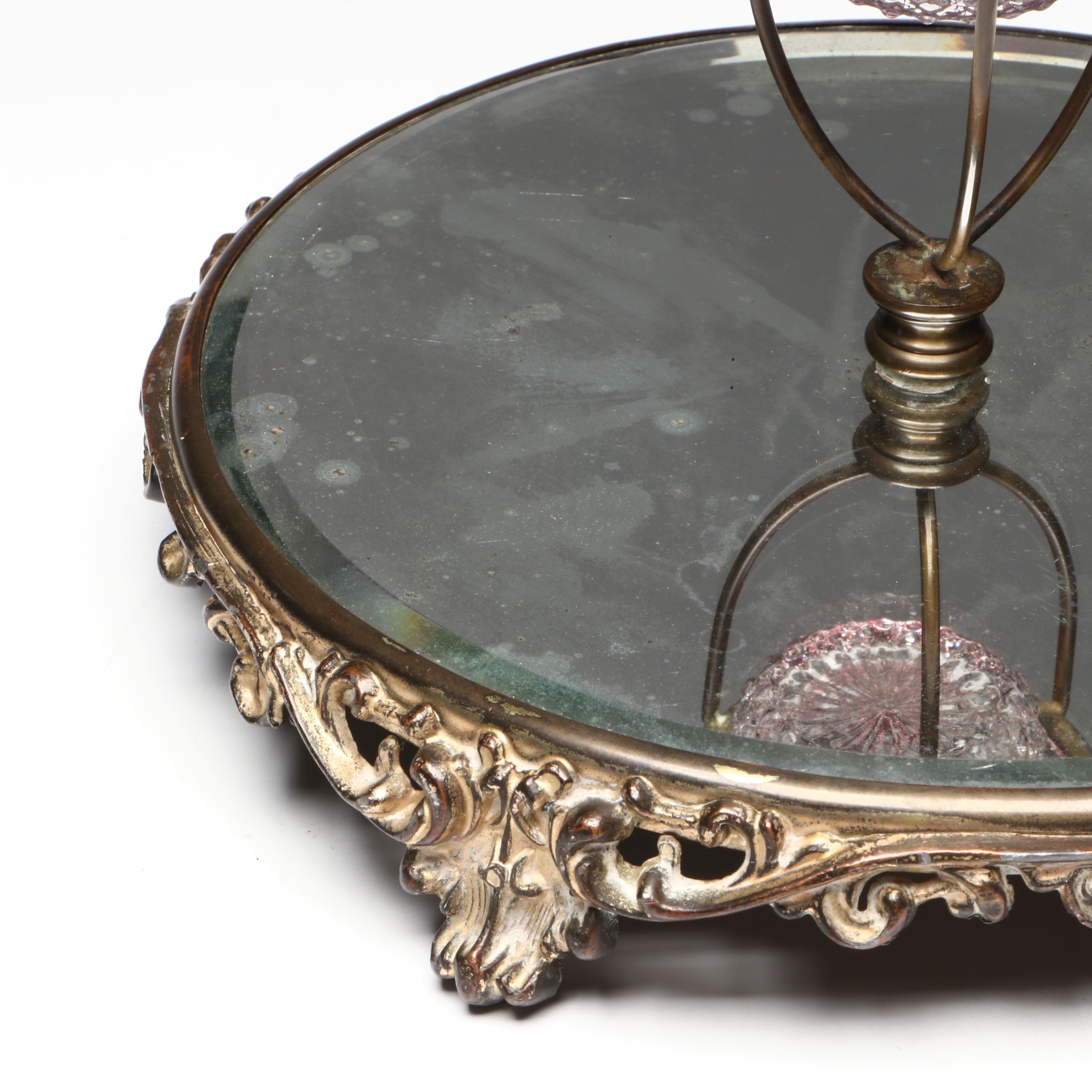 Rounded Filigree Mirror Tray with Fairy Lamp, Early to Mid-20th Century