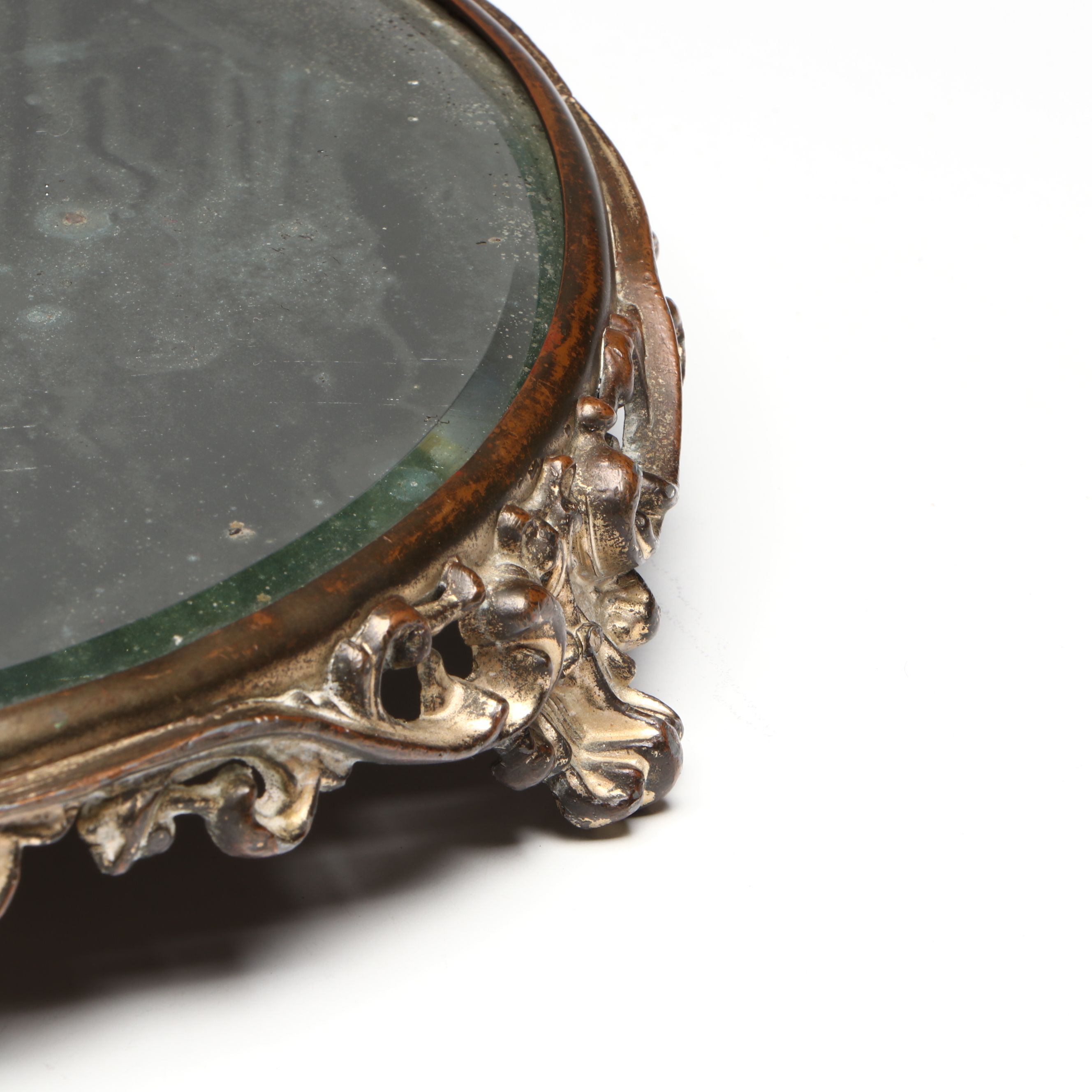 Rounded Filigree Mirror Tray with Fairy Lamp, Early to Mid-20th Century