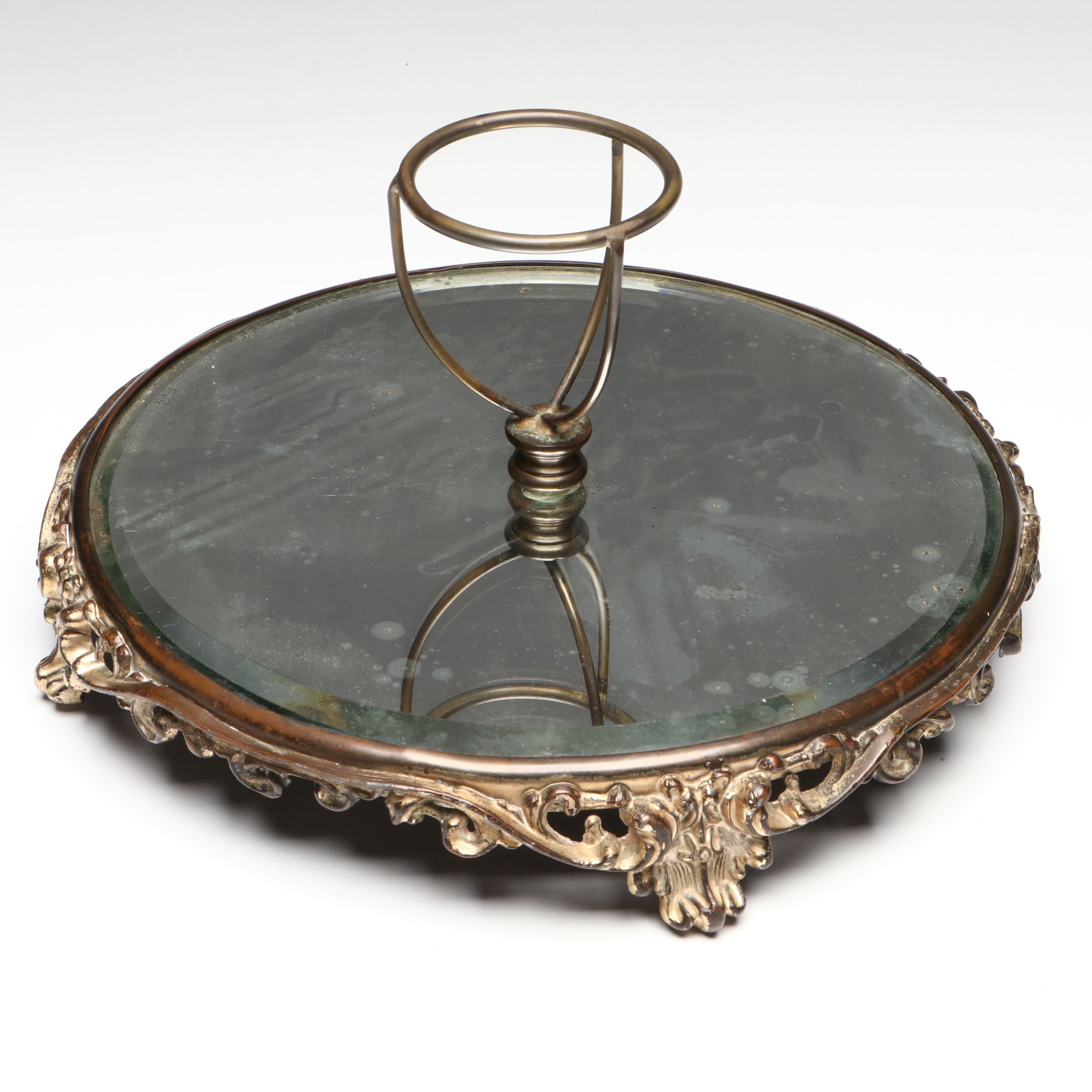 Rounded Filigree Mirror Tray with Fairy Lamp, Early to Mid-20th Century