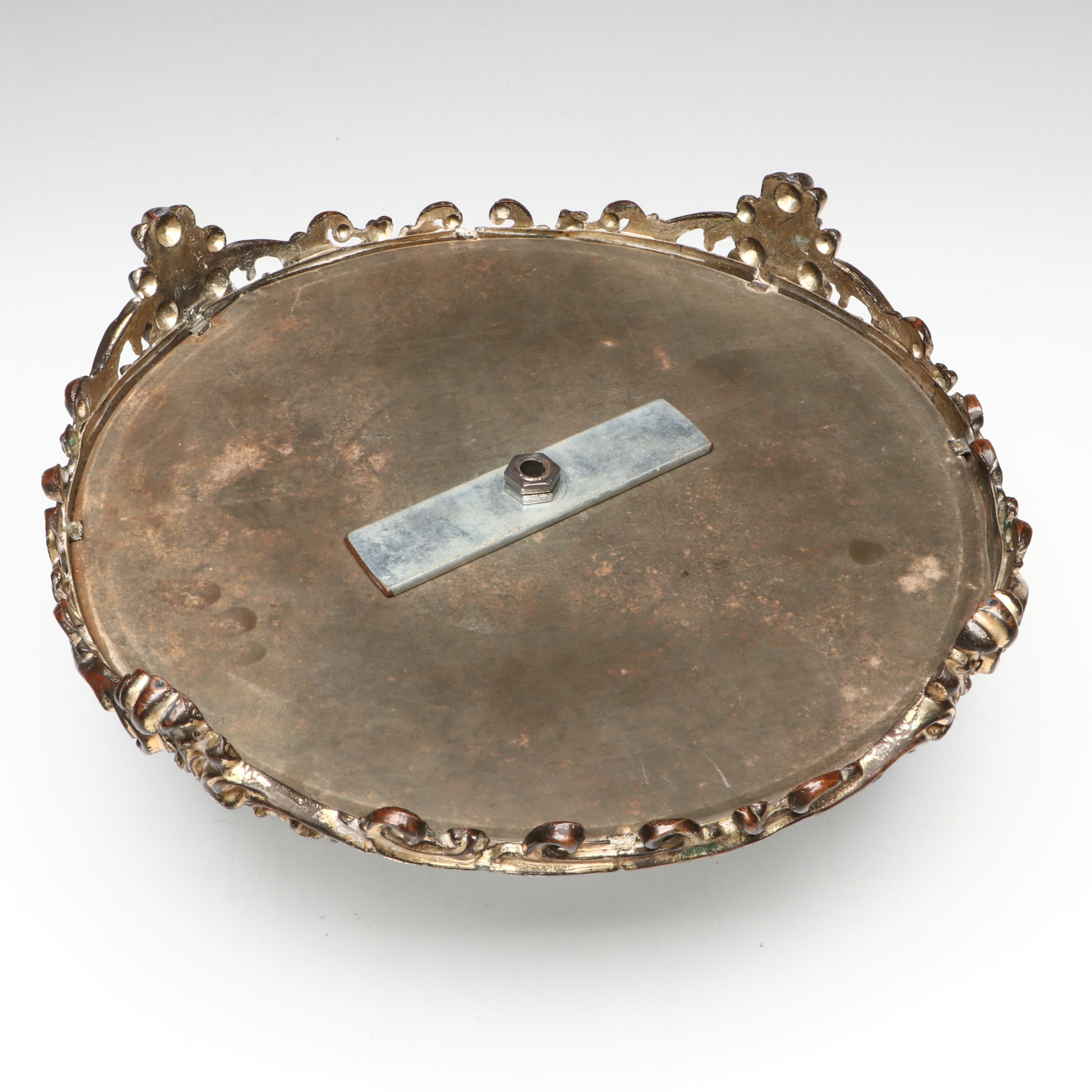 Rounded Filigree Mirror Tray with Fairy Lamp, Early to Mid-20th Century