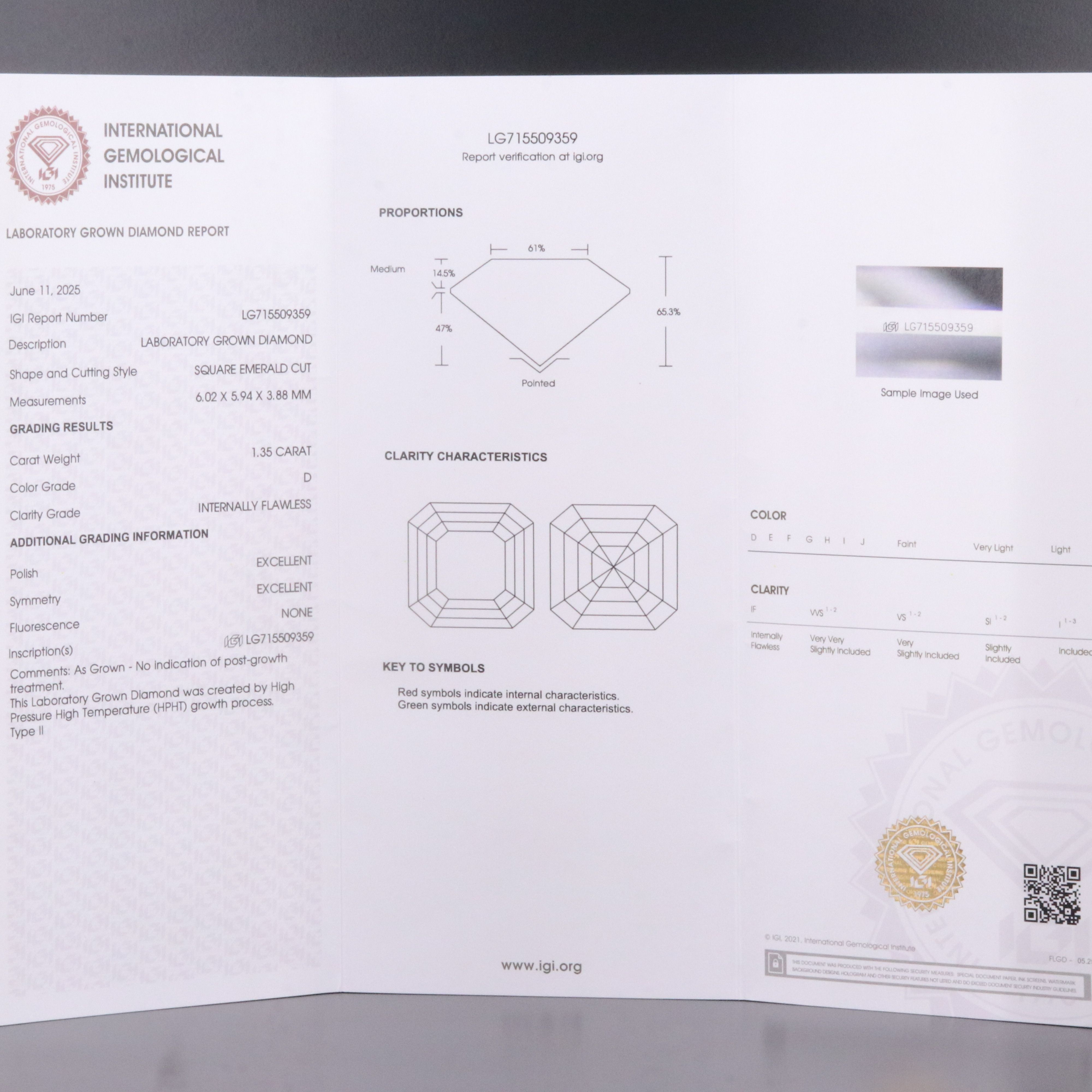 Loose 1.35 CT Internally Flawless Lab Grown Diamond with IGI Report