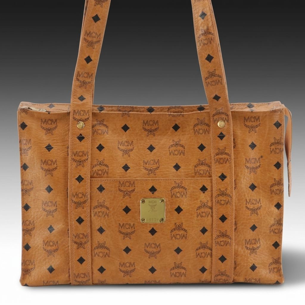 MCM Long Handle Front Pocket Tote Bag in Cognac Visetos Canvas