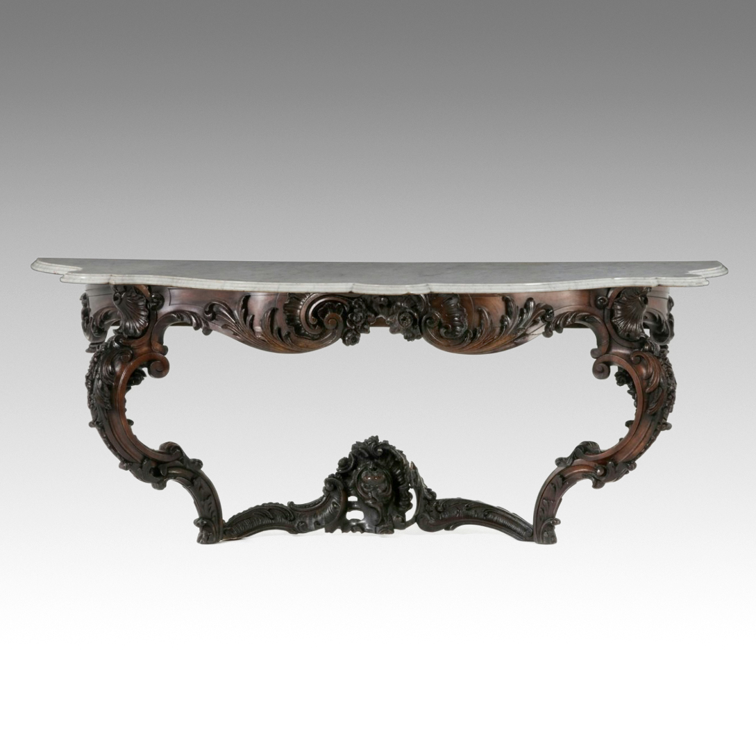 Rococo Revival Style Carved Walnut Marble Top Console Table