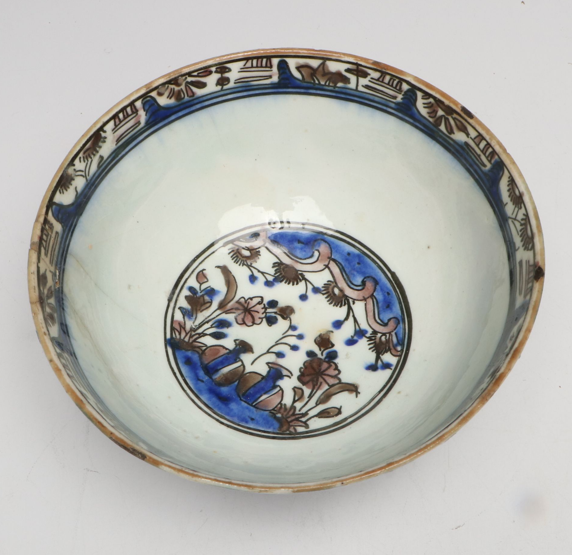 Persian Polychrome Fritware Bowl with Asian Porcelain and Limoges Egg Box