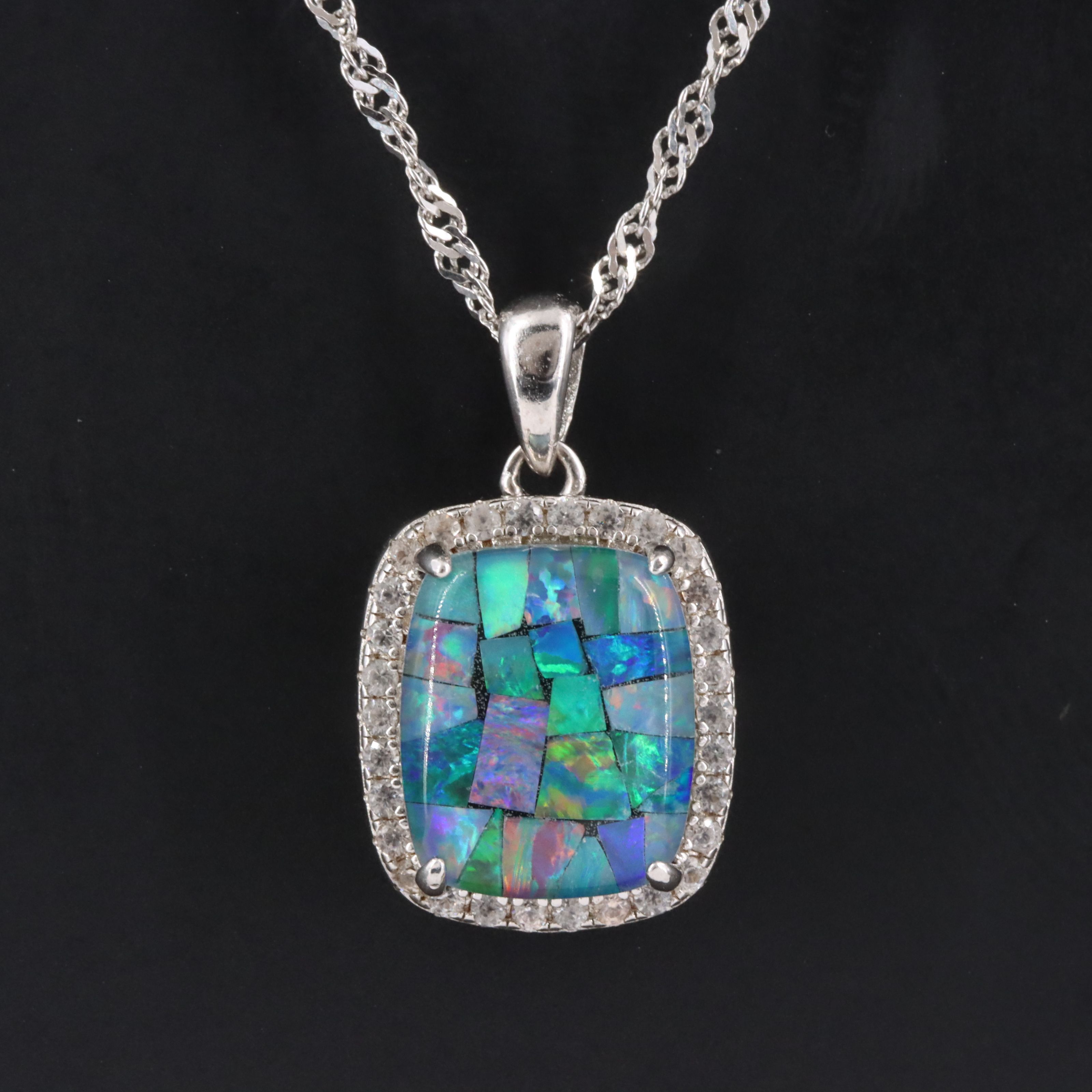 Sterling Opal Mosaic and White Zircon Pendant Necklace