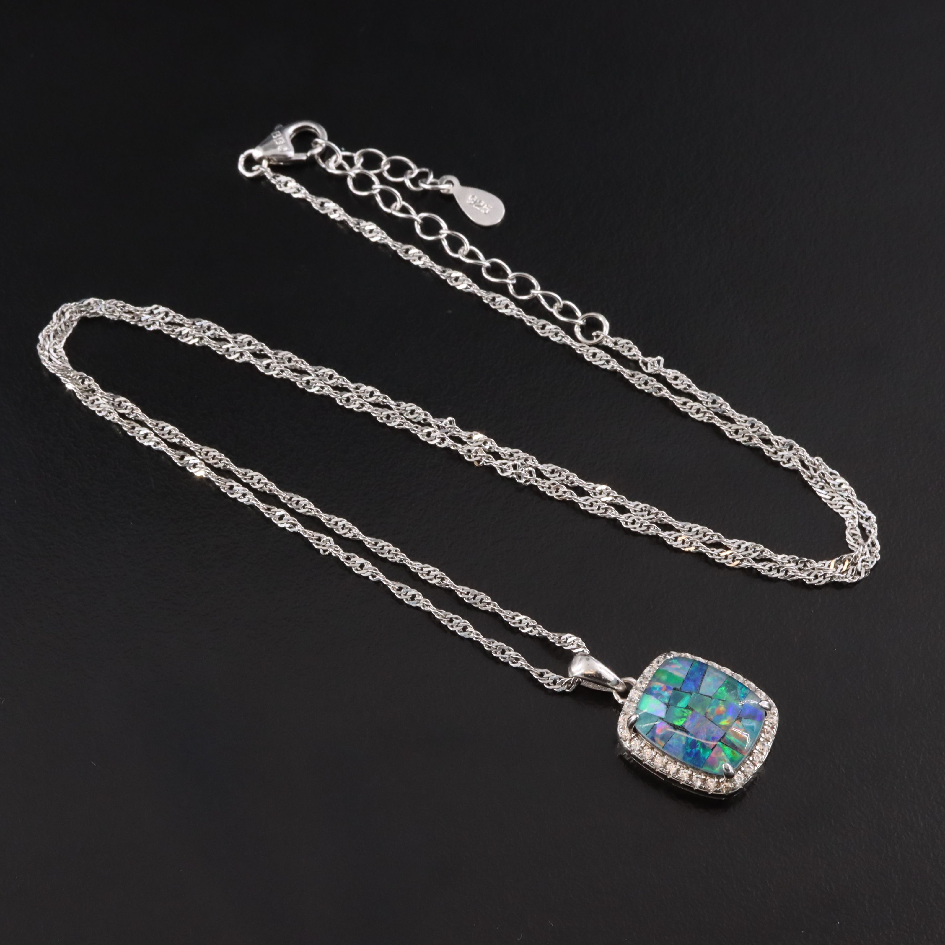 Sterling Opal Mosaic and White Zircon Pendant Necklace