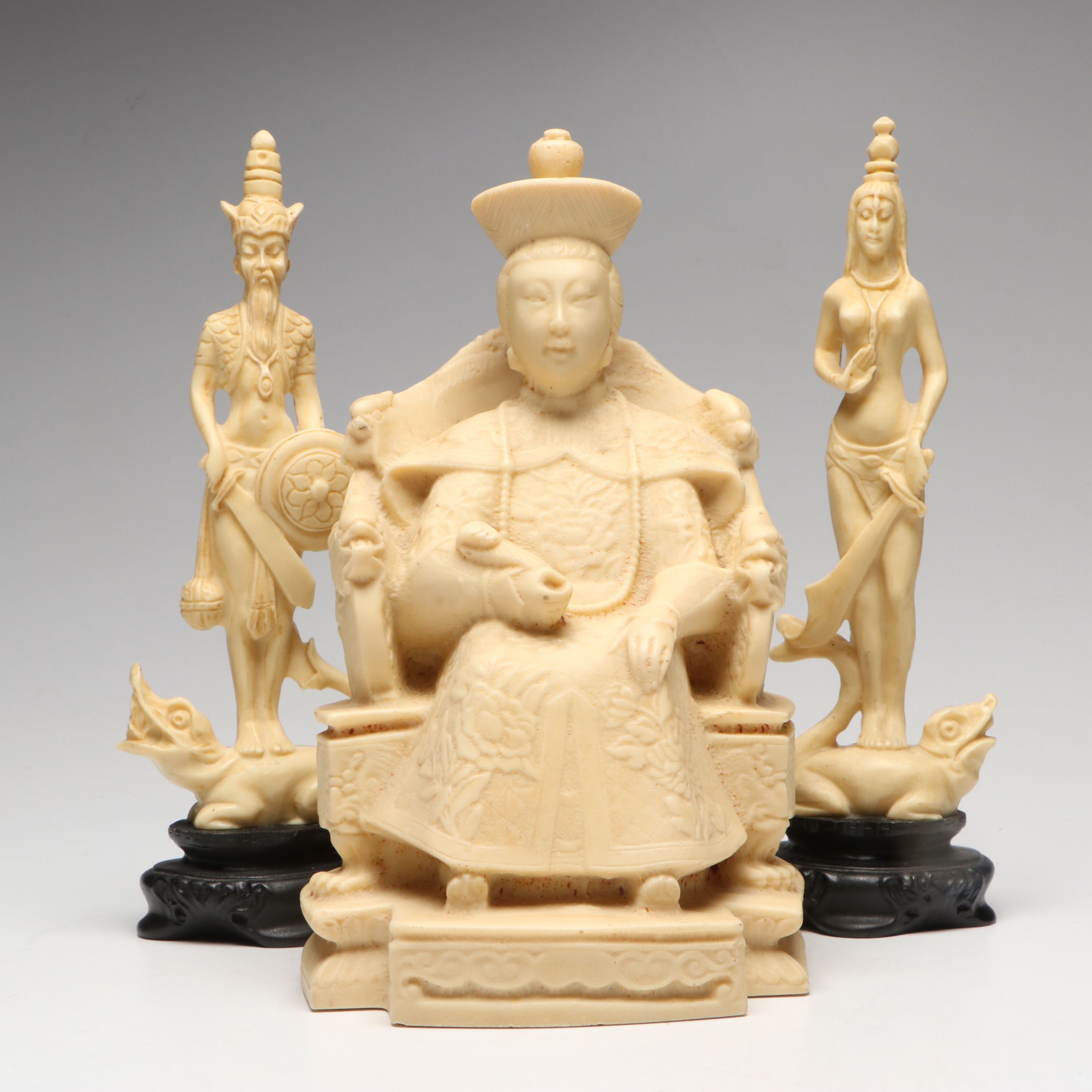 Chinese Carved Resin Seated Empress and Pair of Attendants on "Makara"