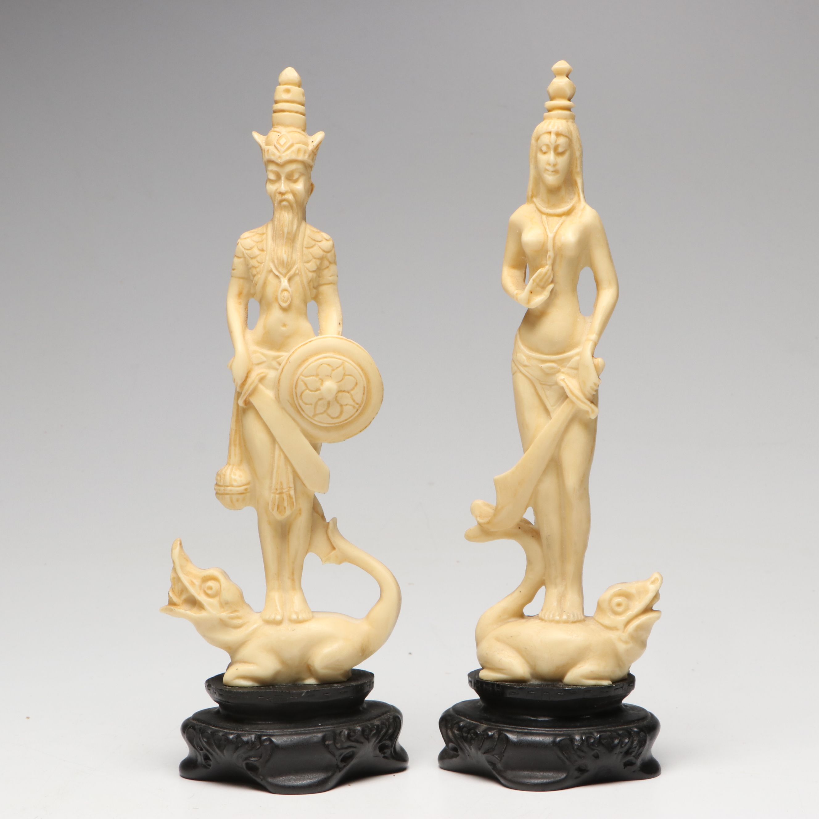 Chinese Carved Resin Seated Empress and Pair of Attendants on "Makara"