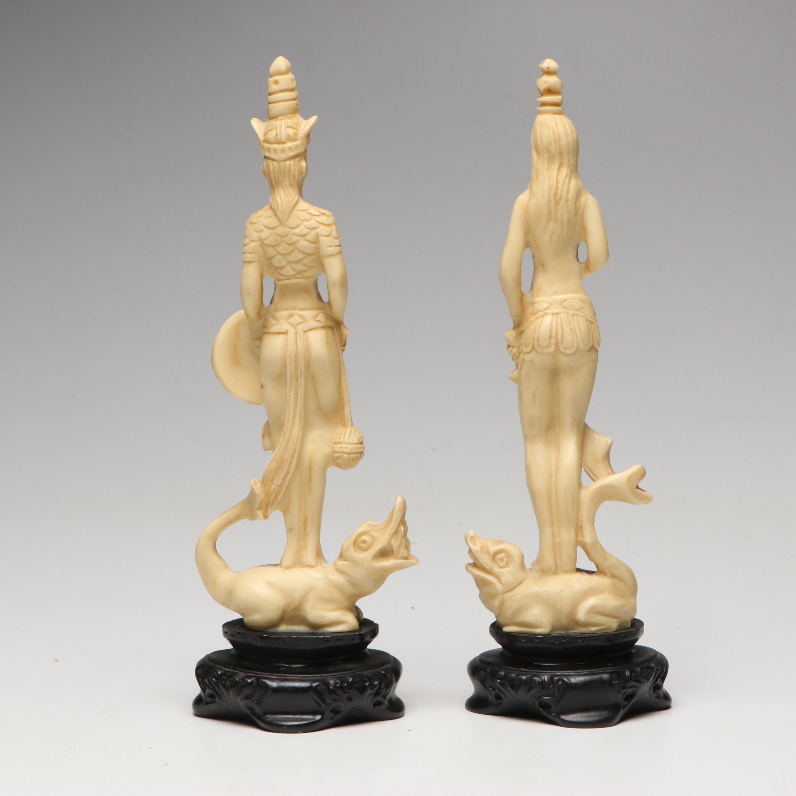 Chinese Carved Resin Seated Empress and Pair of Attendants on "Makara"