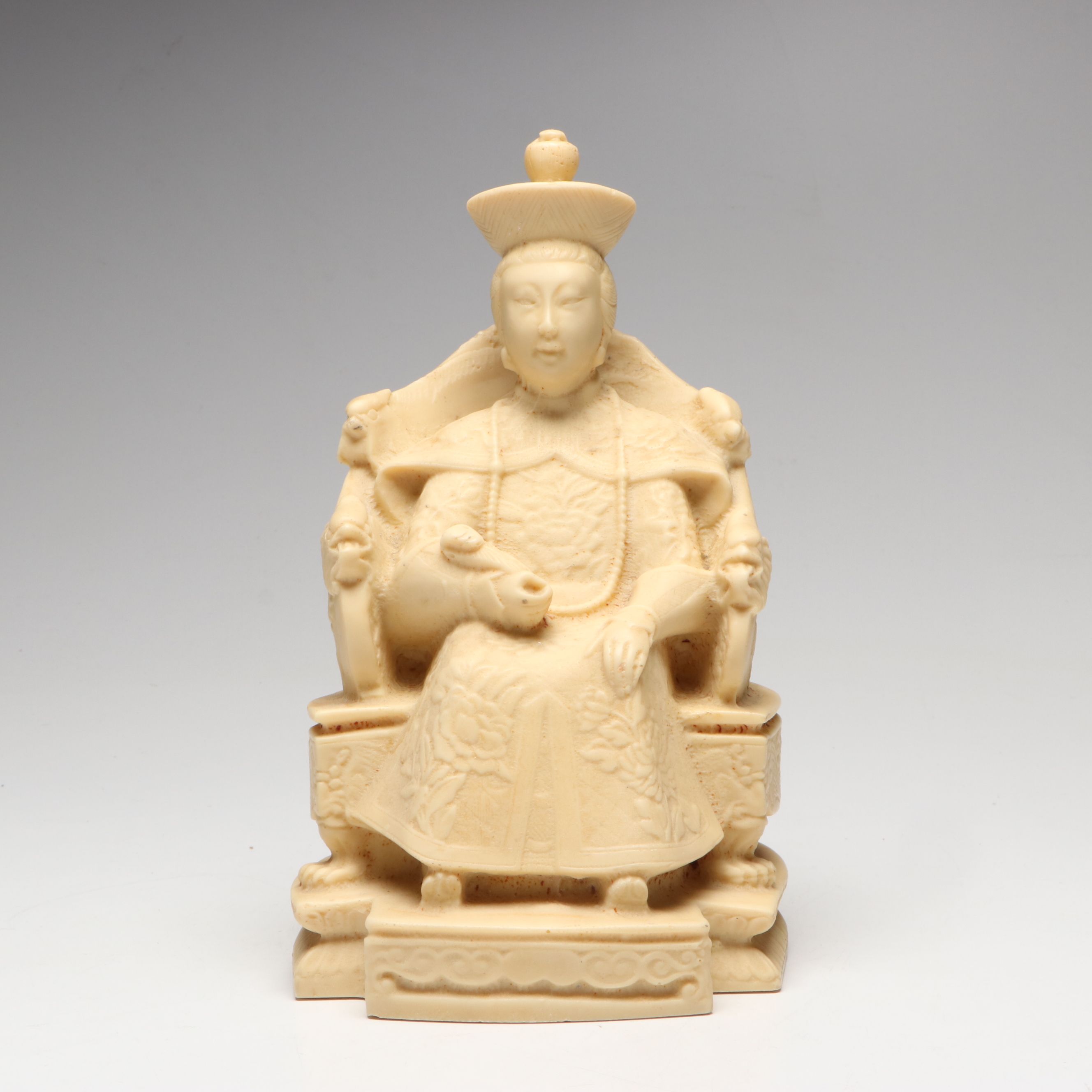 Chinese Carved Resin Seated Empress and Pair of Attendants on "Makara"