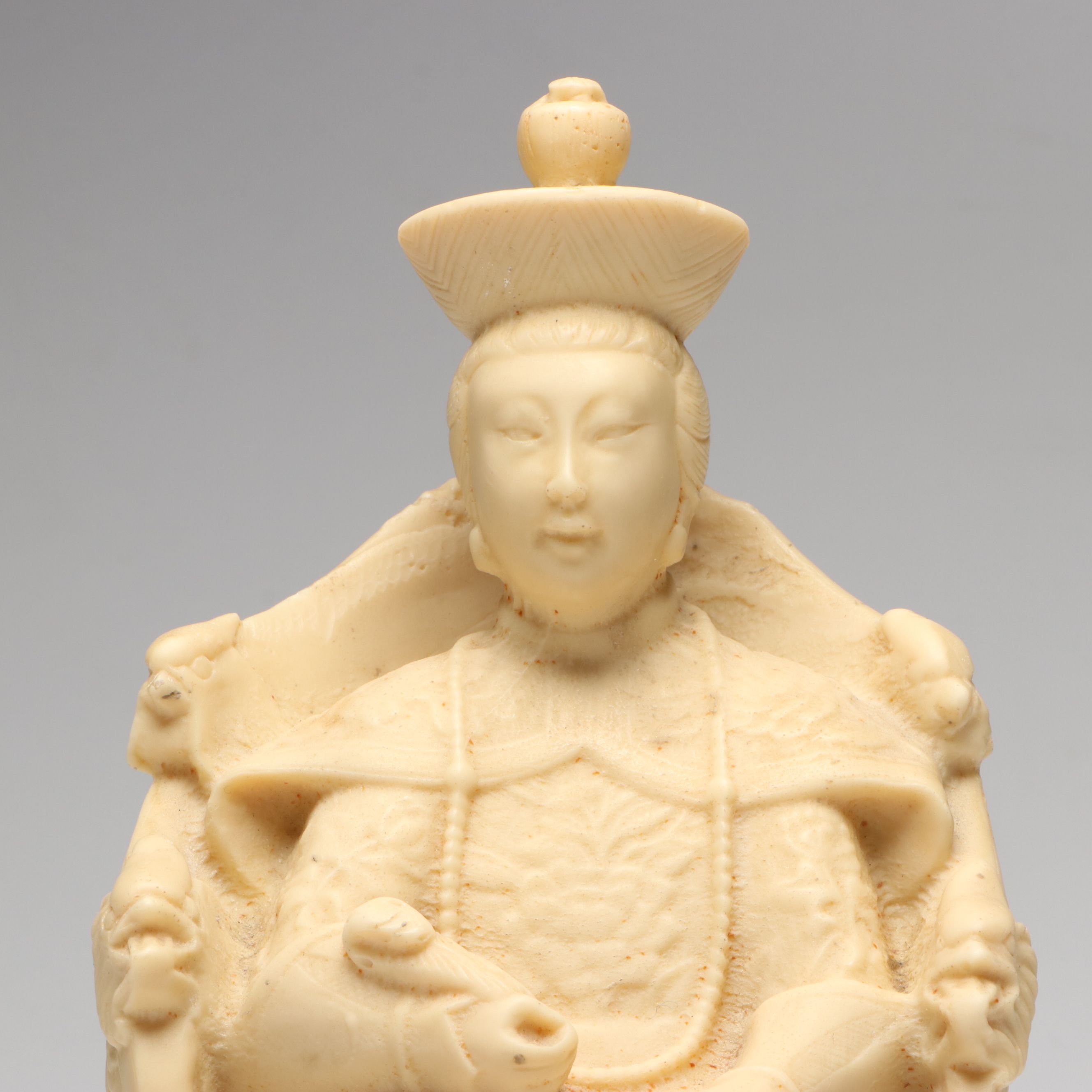 Chinese Carved Resin Seated Empress and Pair of Attendants on "Makara"