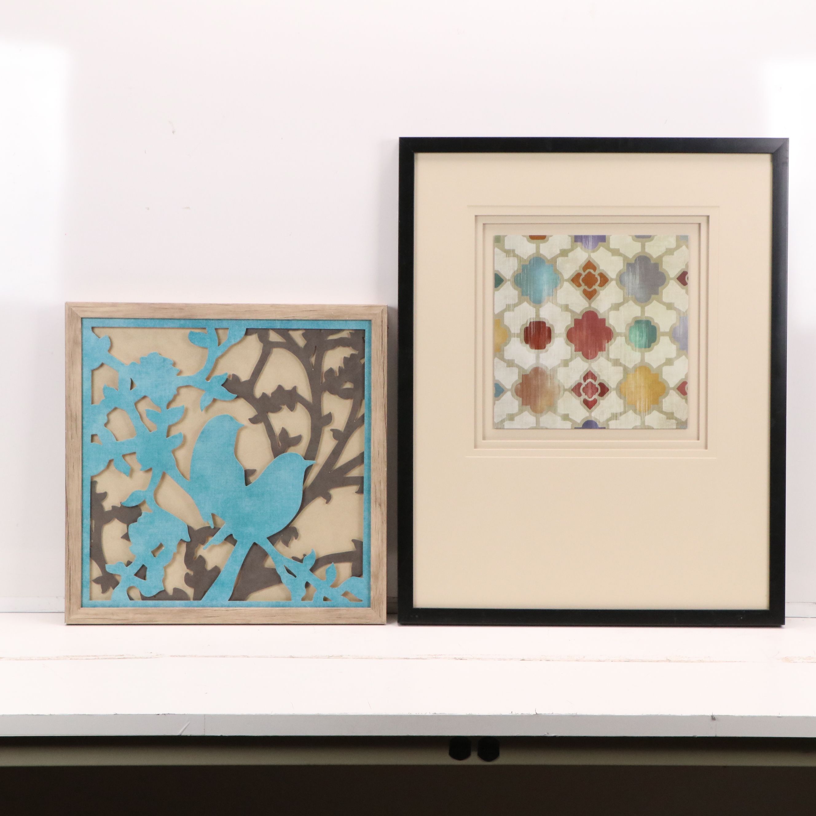 At Home Laser Cut Birds Silhouette Art, and Triple Matted Quatrefoil Print