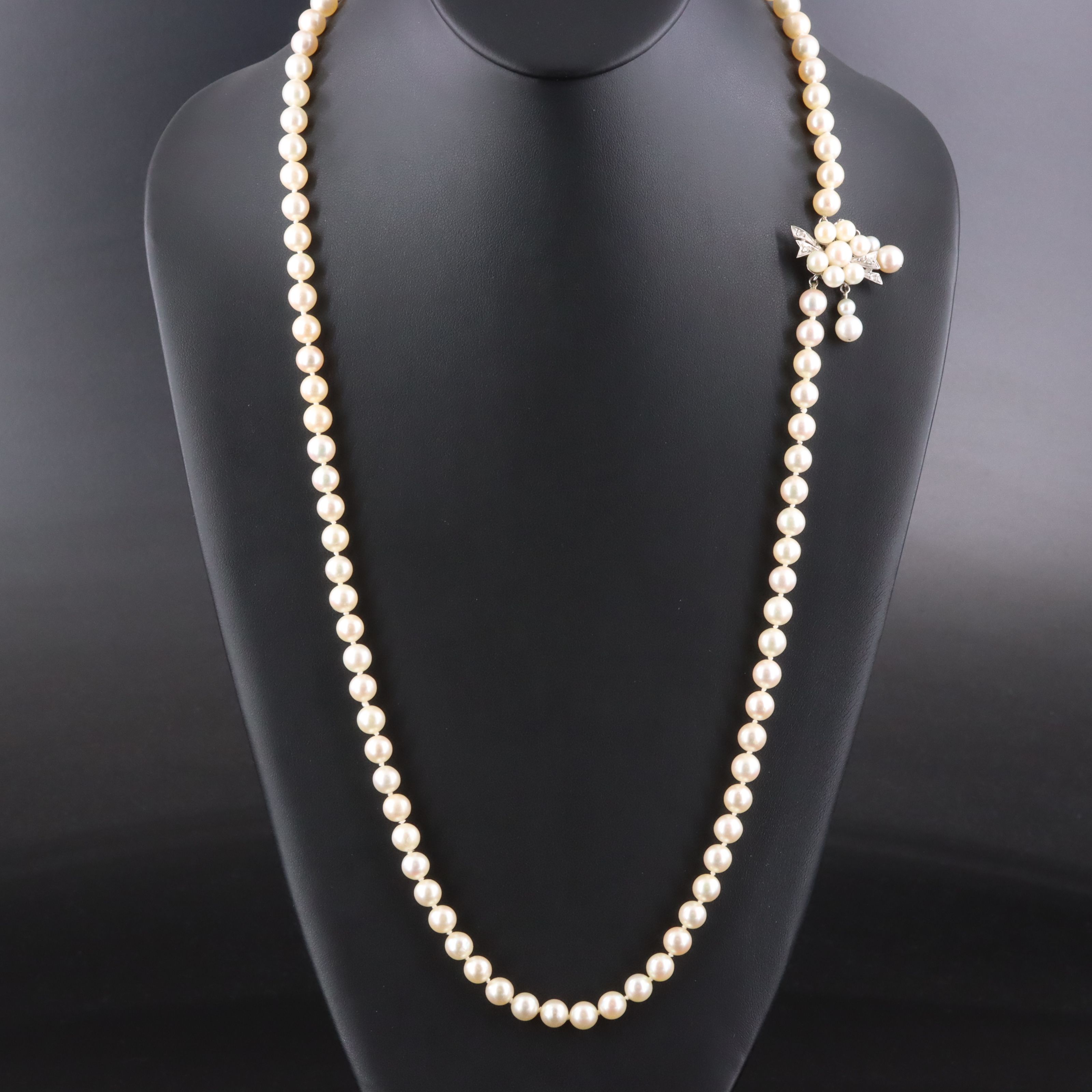 Pearl Opera Necklace with Pearl and Diamond Accented 14K Clasp