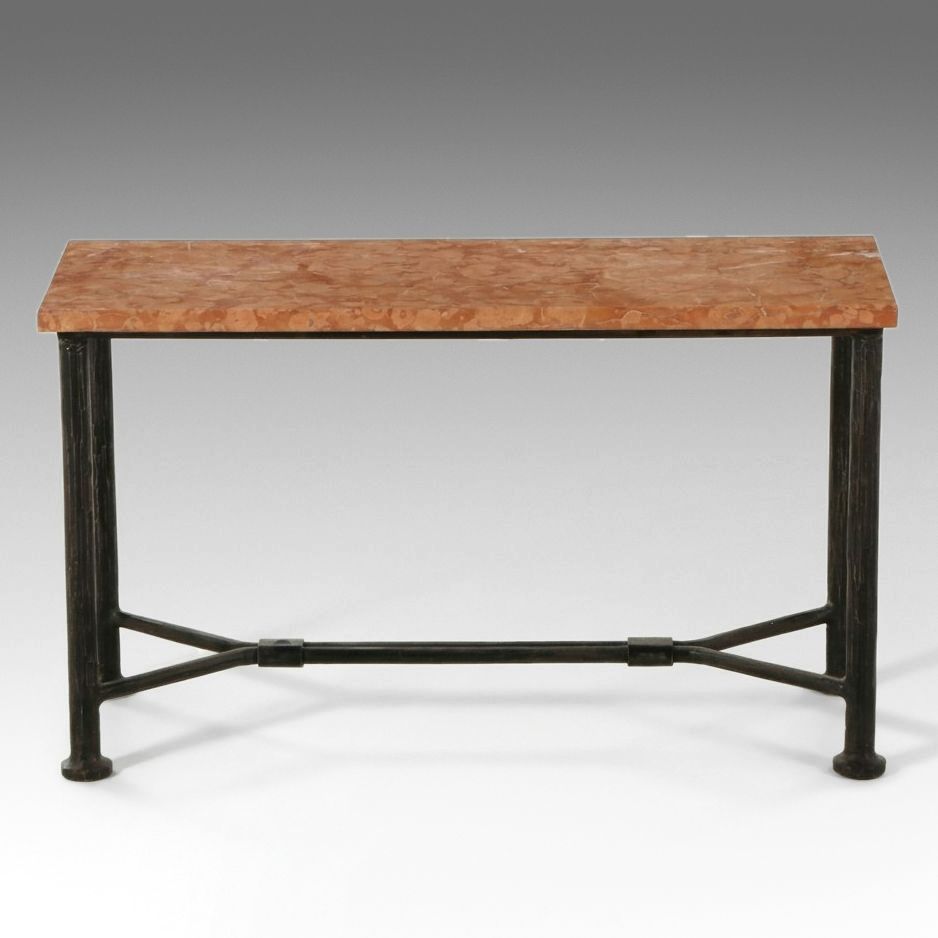 Brutalist Influence Wrought Rouge Marble Top Iron Console Table