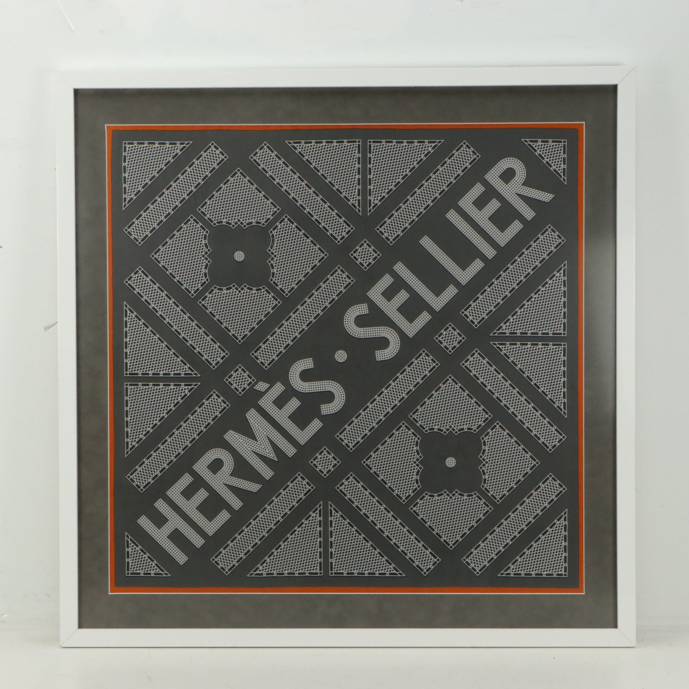 Framed Hermès "Hermès - Sellier" Scarf 90 in Silk Twill