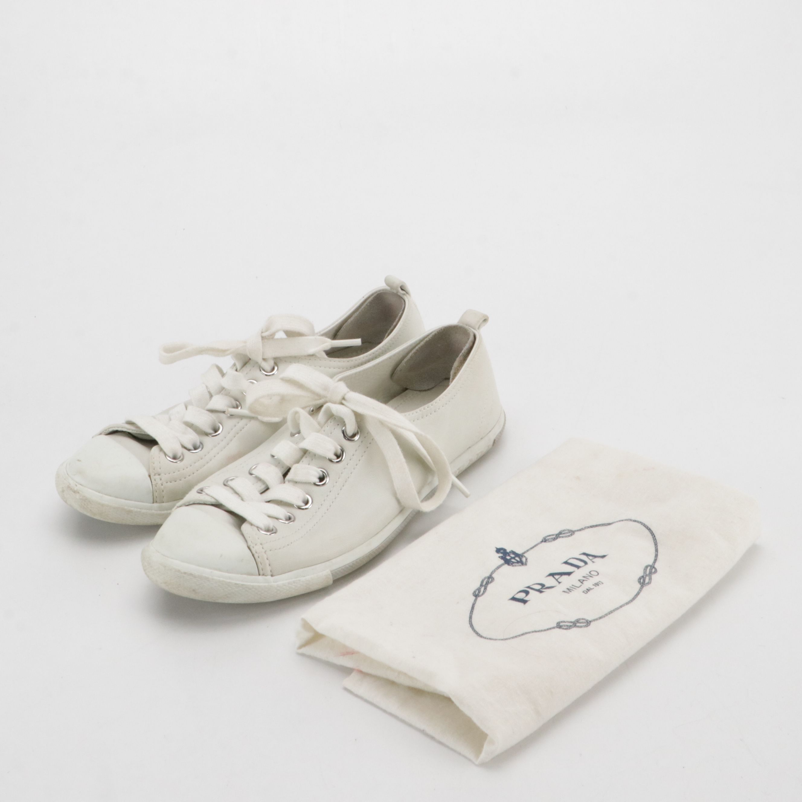 Prada White Leather Lace-Up Sneakers