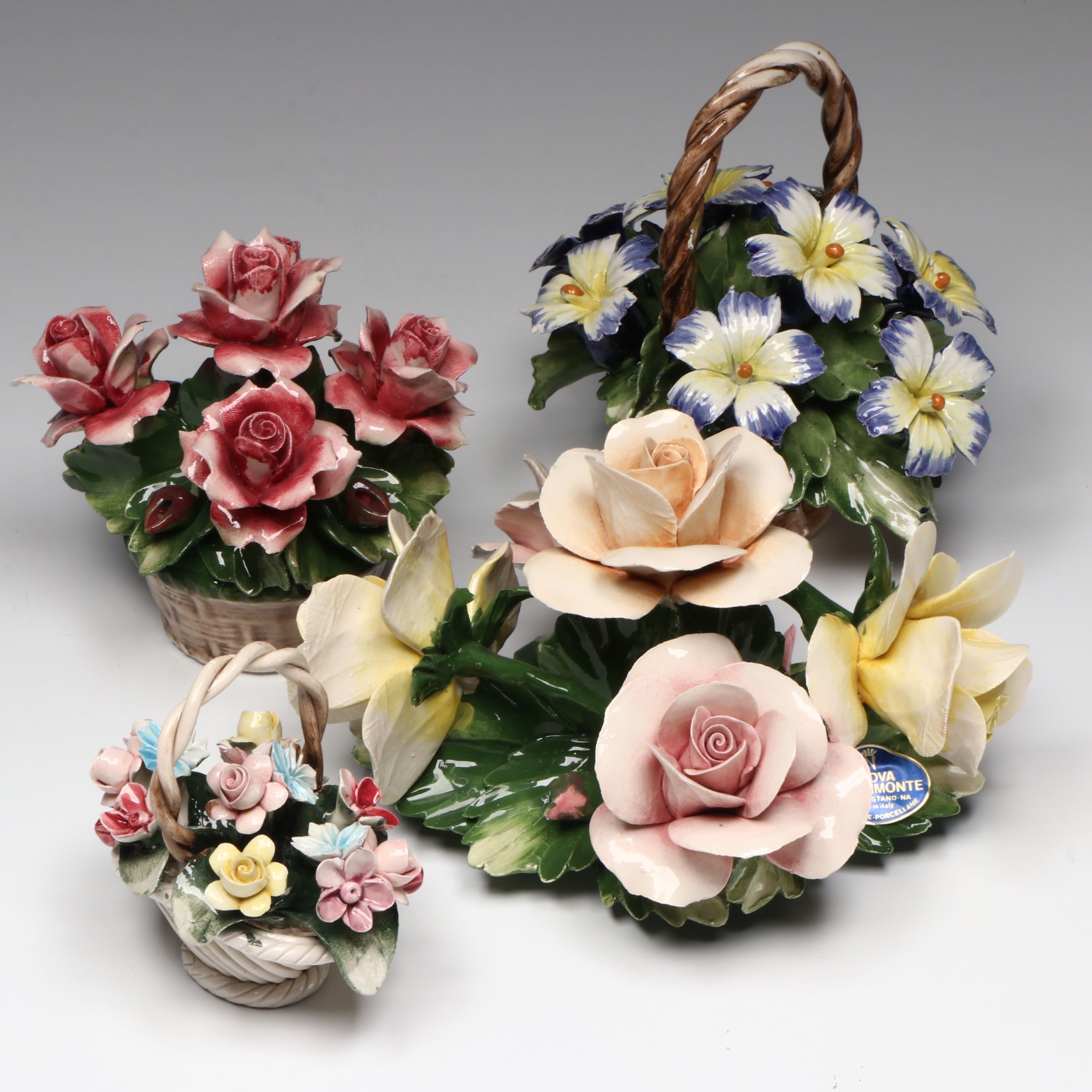 Italian Capodimonte Roses, Violets and More Porcelain Flower Baskets
