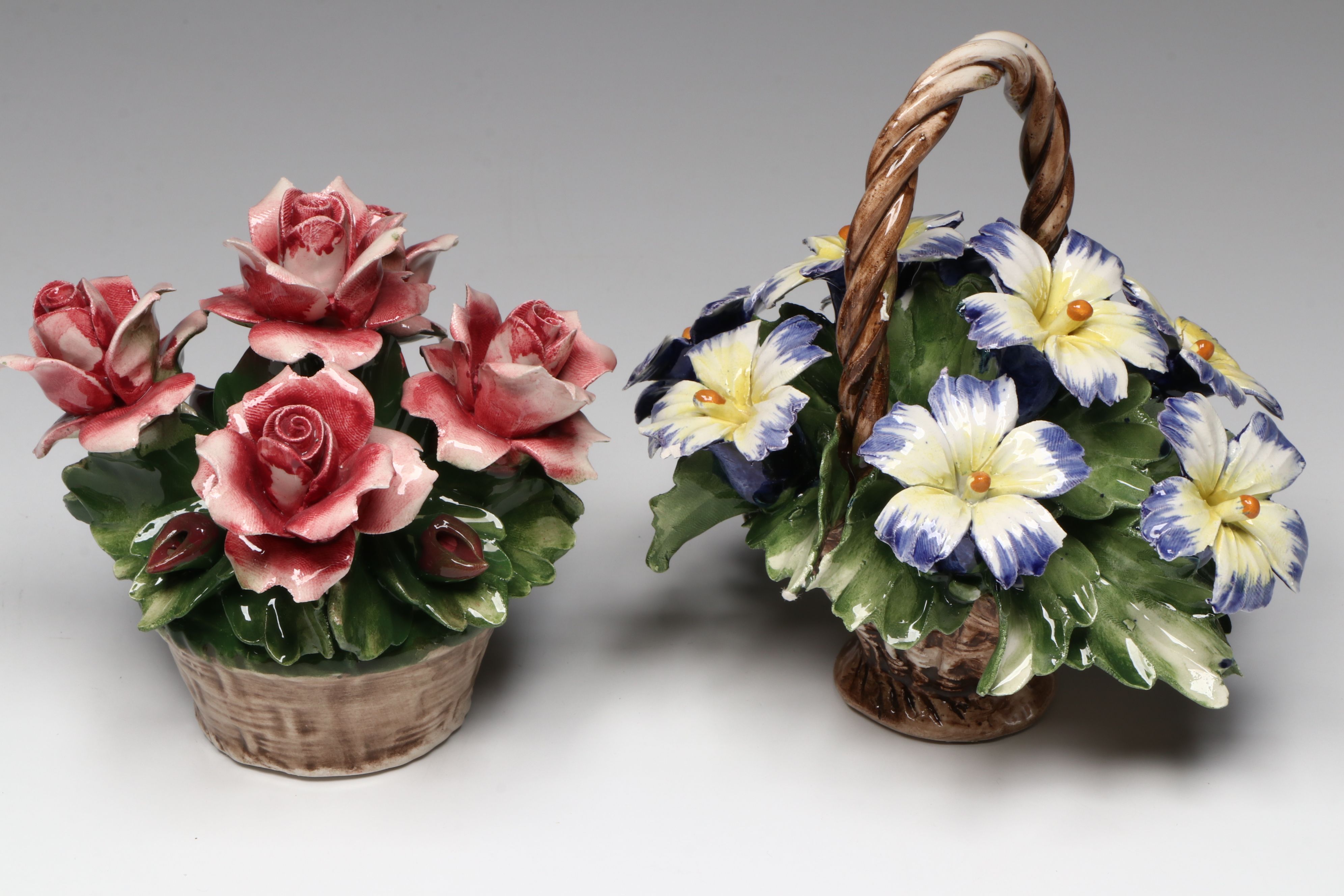 Italian Capodimonte Roses, Violets and More Porcelain Flower Baskets