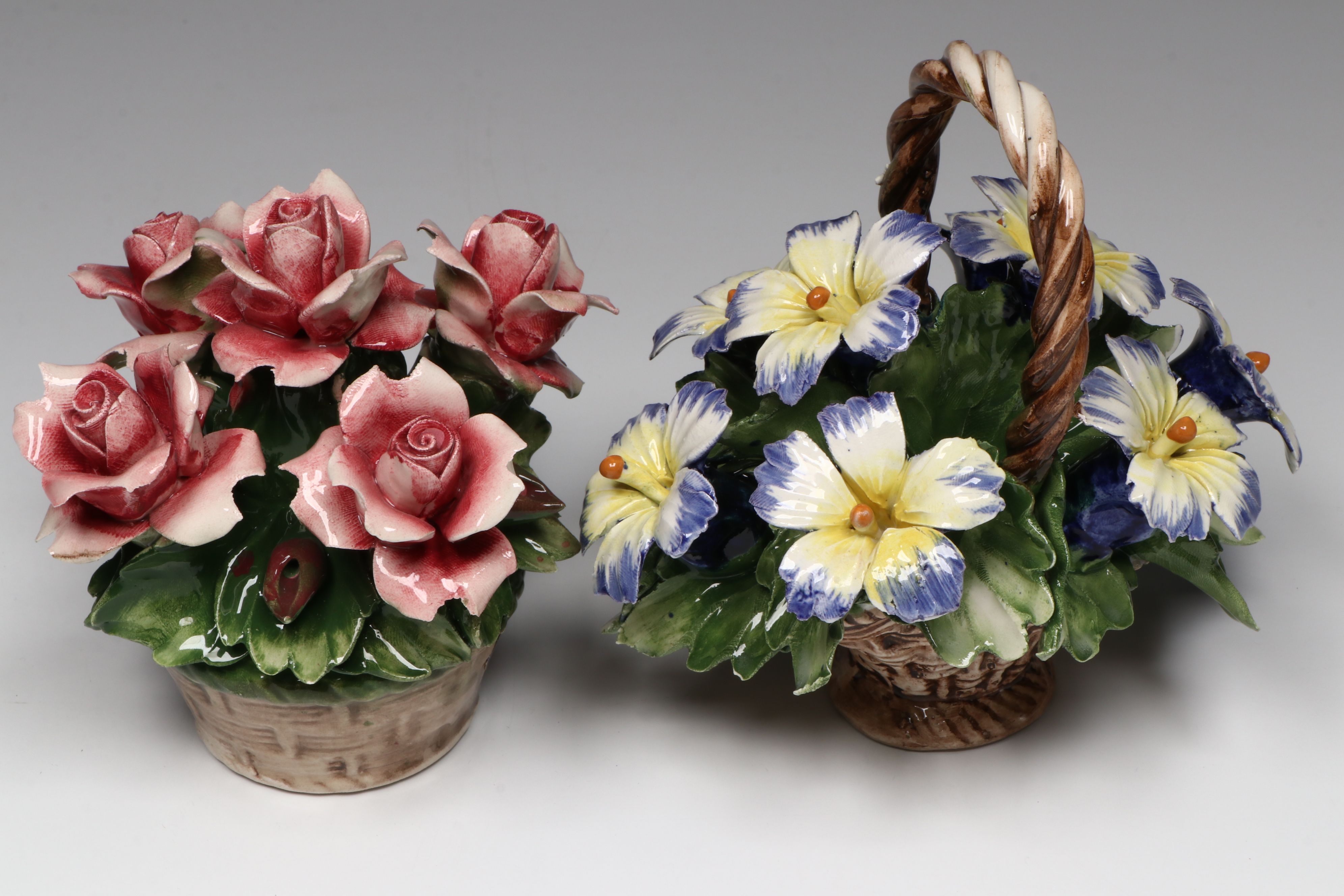 Italian Capodimonte Roses, Violets and More Porcelain Flower Baskets