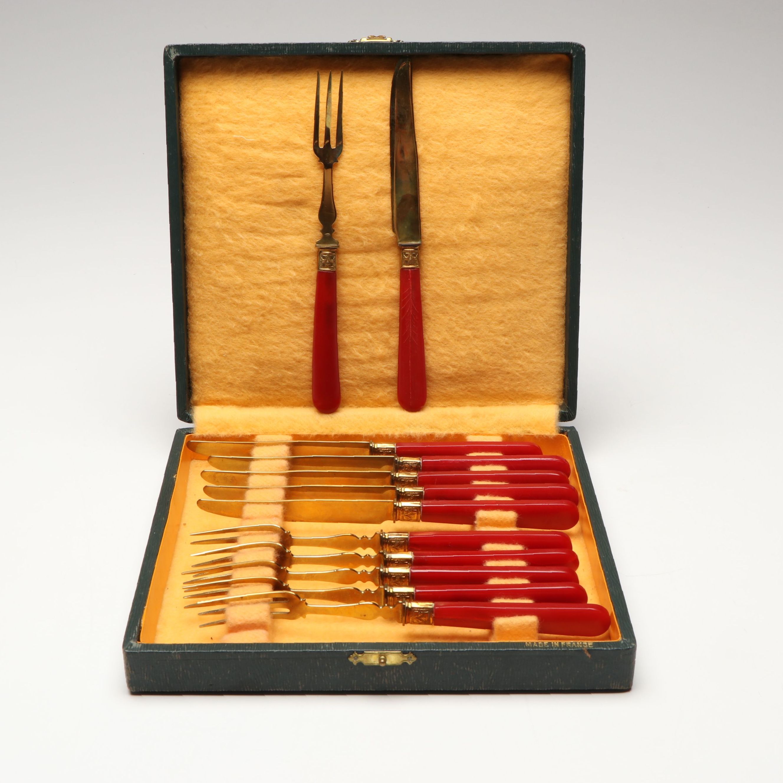 French Brass with Bakelite Handled Dessert Flatware and Case, Mid-20th Century