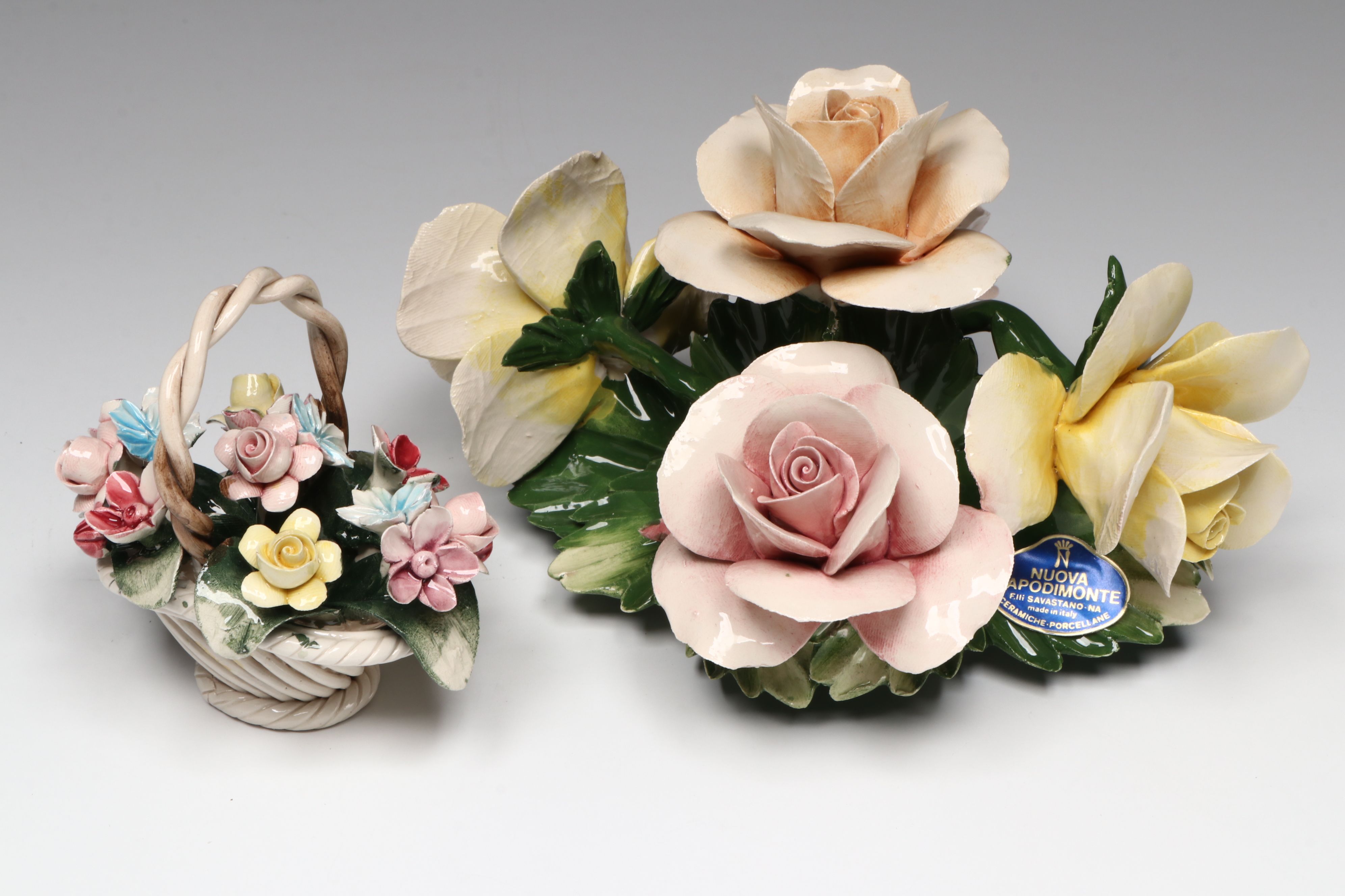 Italian Capodimonte Roses, Violets and More Porcelain Flower Baskets