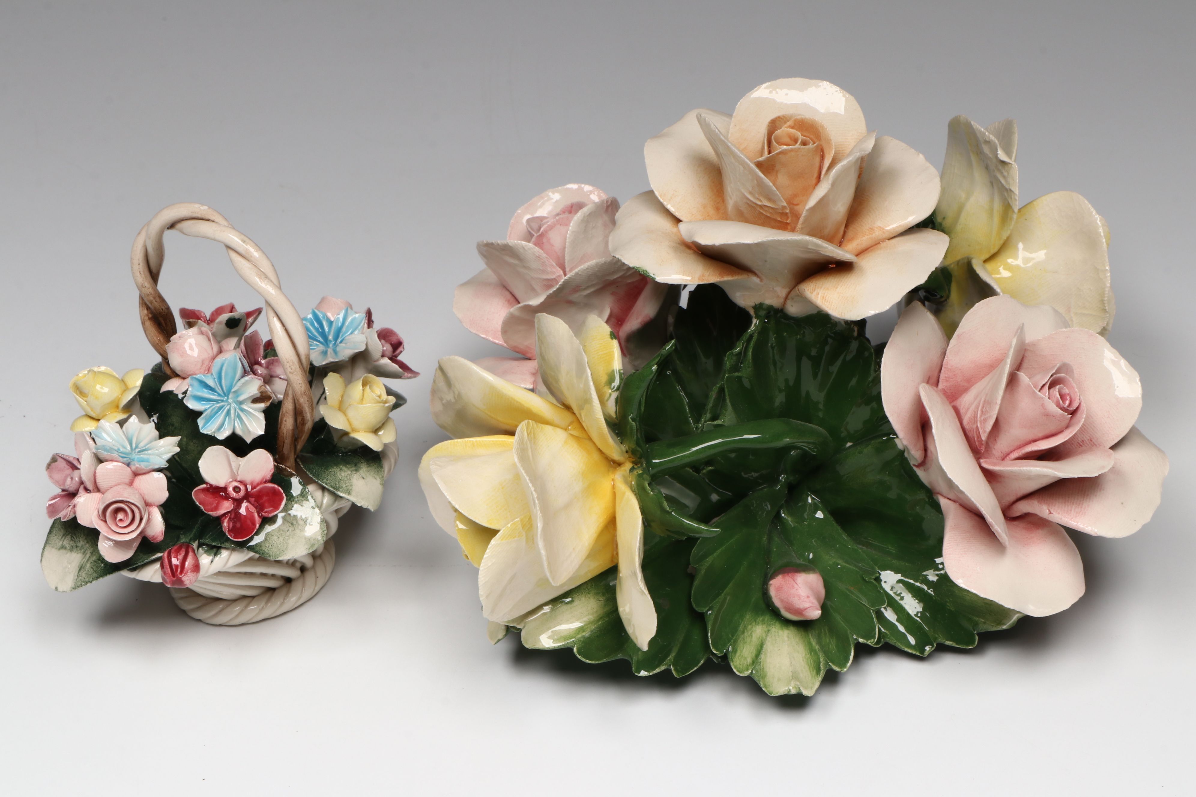 Italian Capodimonte Roses, Violets and More Porcelain Flower Baskets