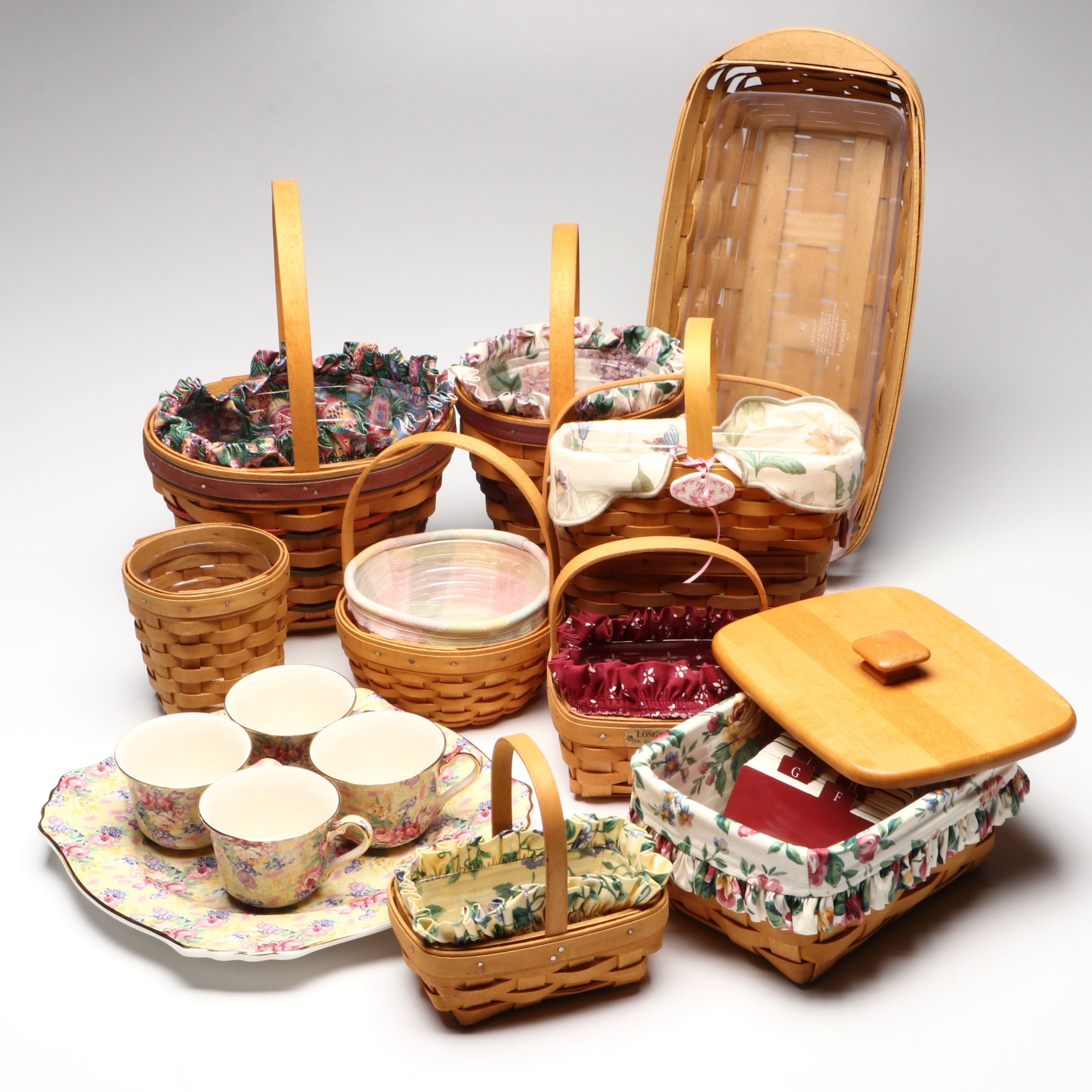 Longaberger Baskets with Royal Winton Grimwades Chintz Pattern Mugs and Platter