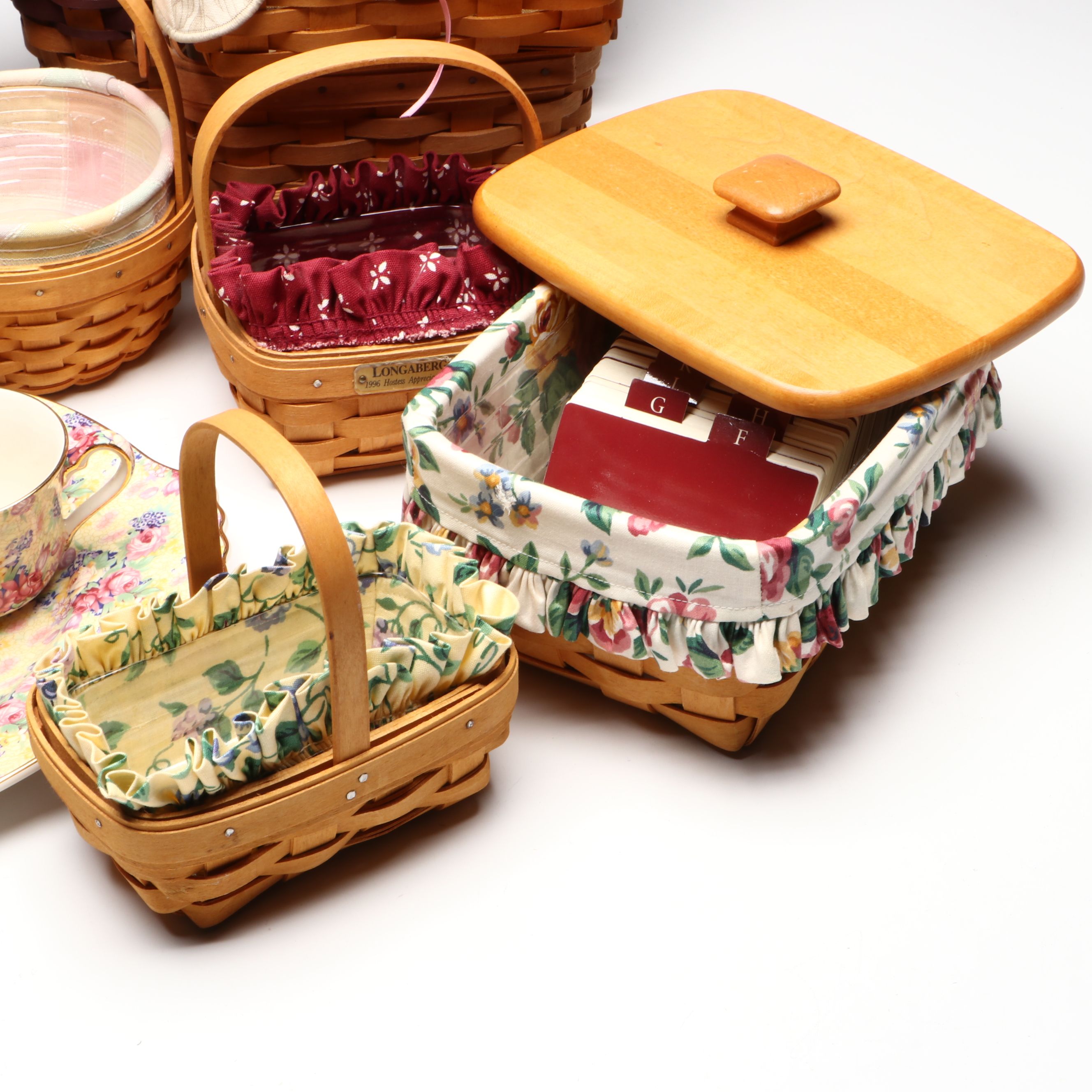 Longaberger Baskets with Royal Winton Grimwades Chintz Pattern Mugs and Platter