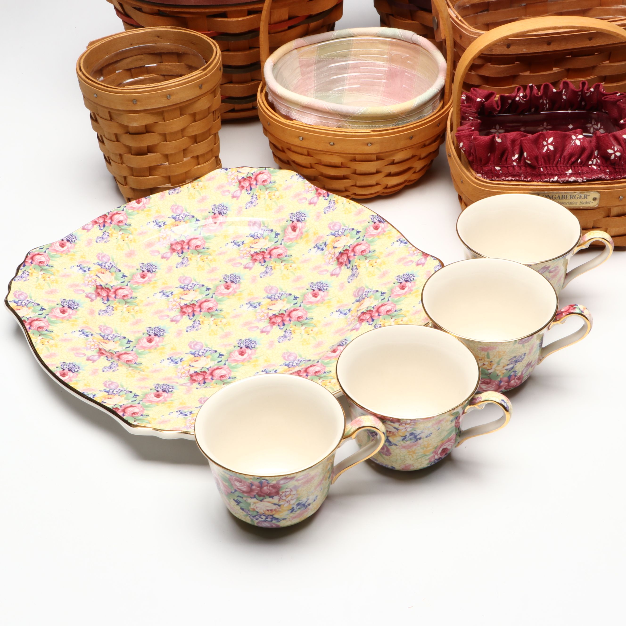 Longaberger Baskets with Royal Winton Grimwades Chintz Pattern Mugs and Platter