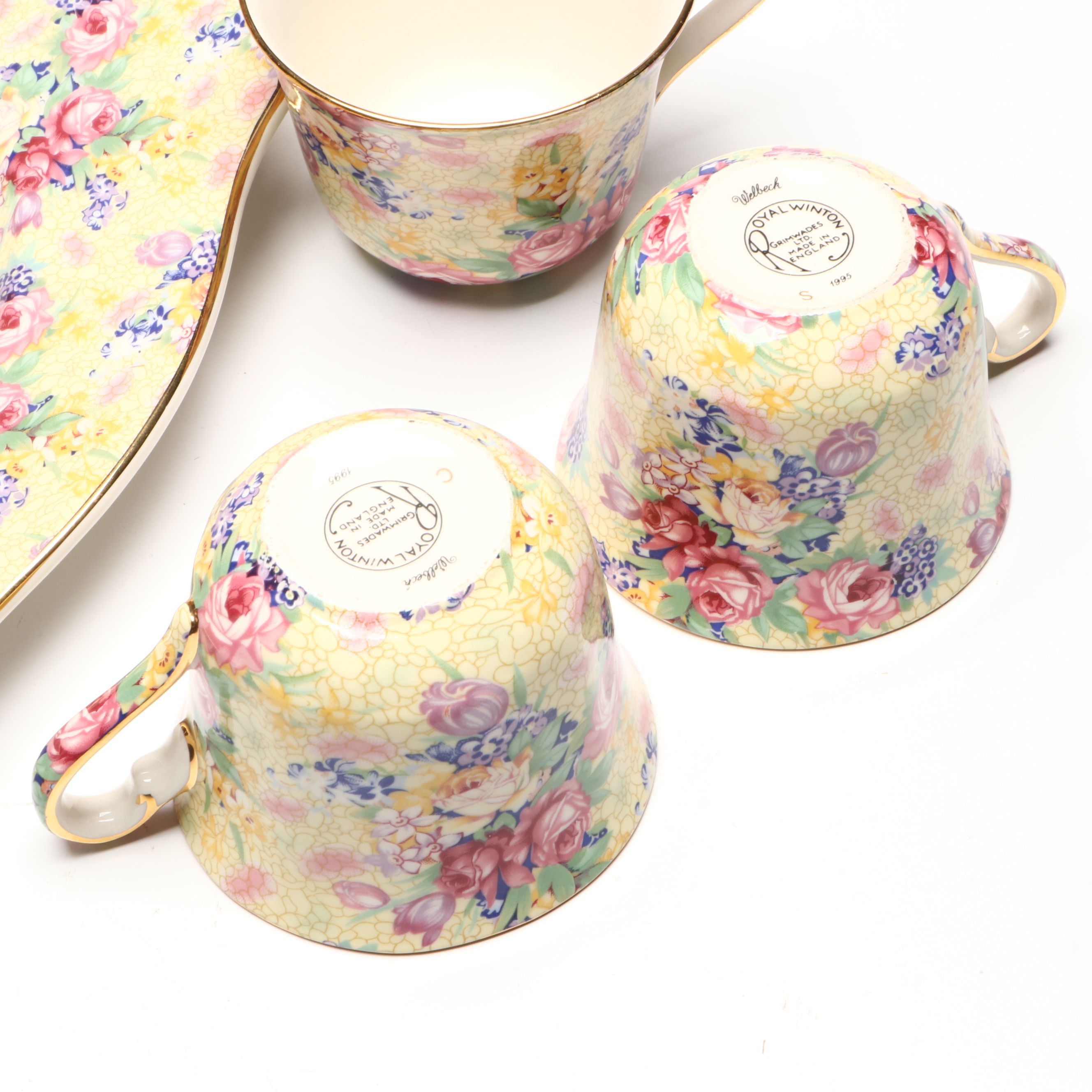 Longaberger Baskets with Royal Winton Grimwades Chintz Pattern Mugs and Platter