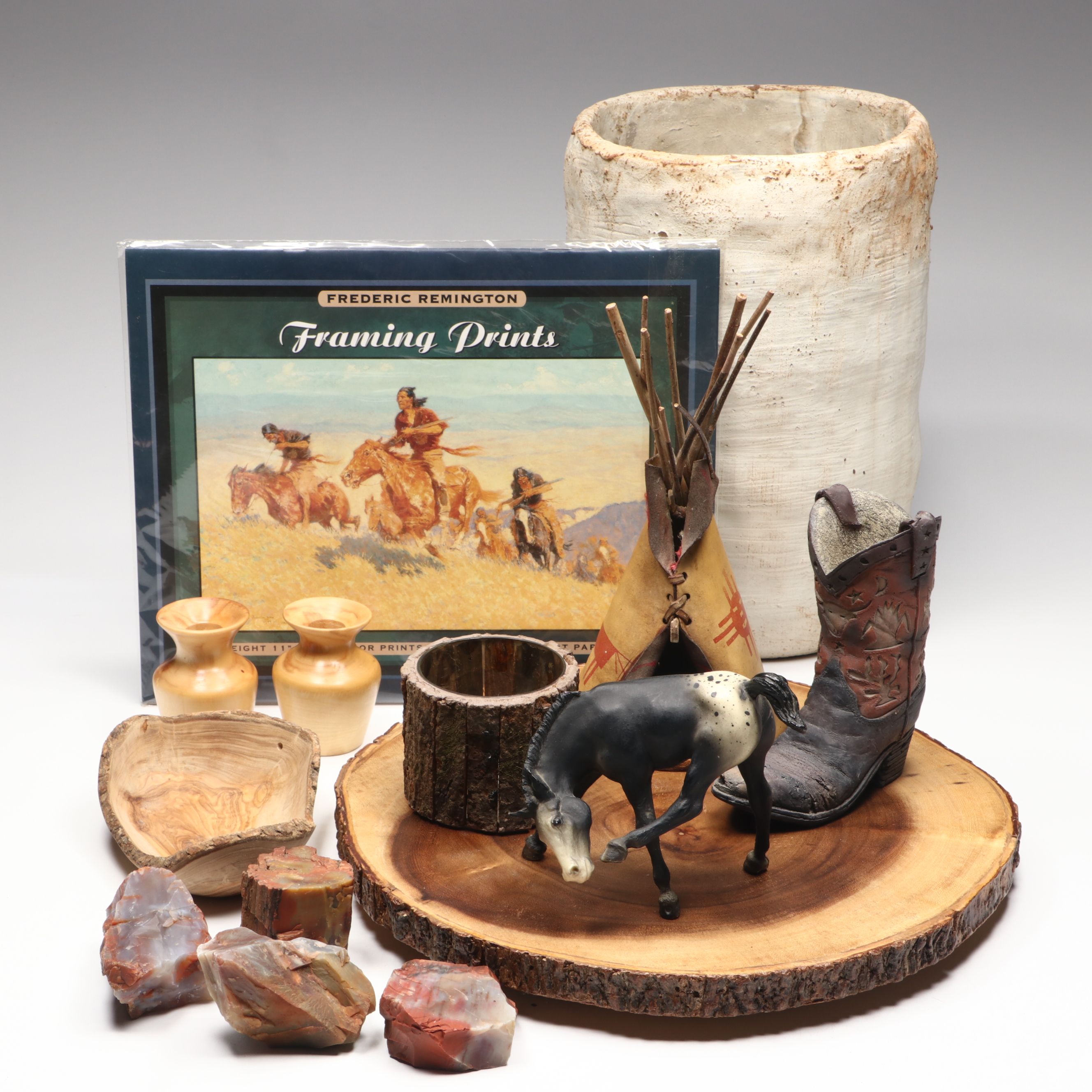 Rustic Wood Serving Tray with Hand-Carved Vases and Bowl with Other Rustic Décor