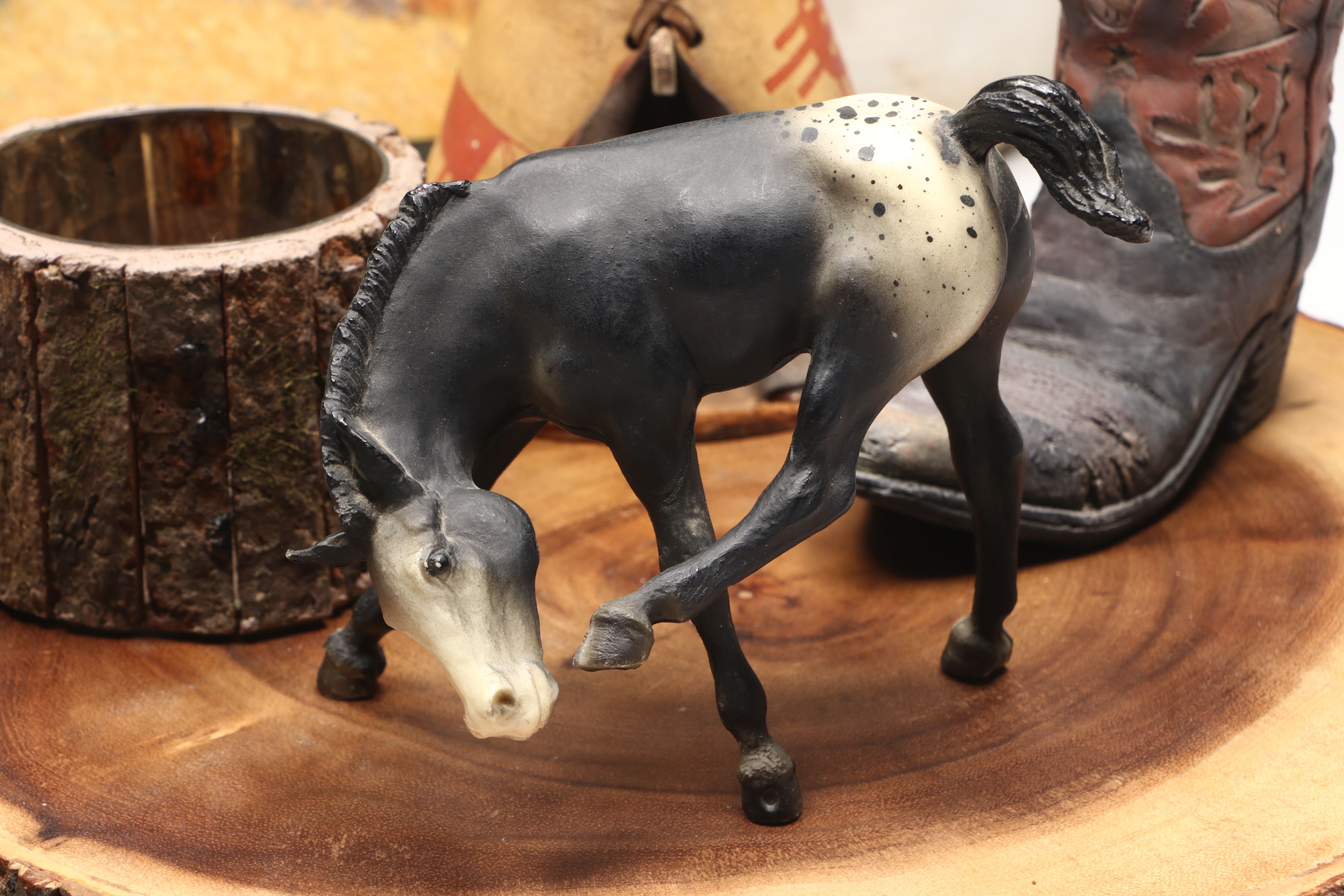 Rustic Wood Serving Tray with Hand-Carved Vases and Bowl with Other Rustic Décor