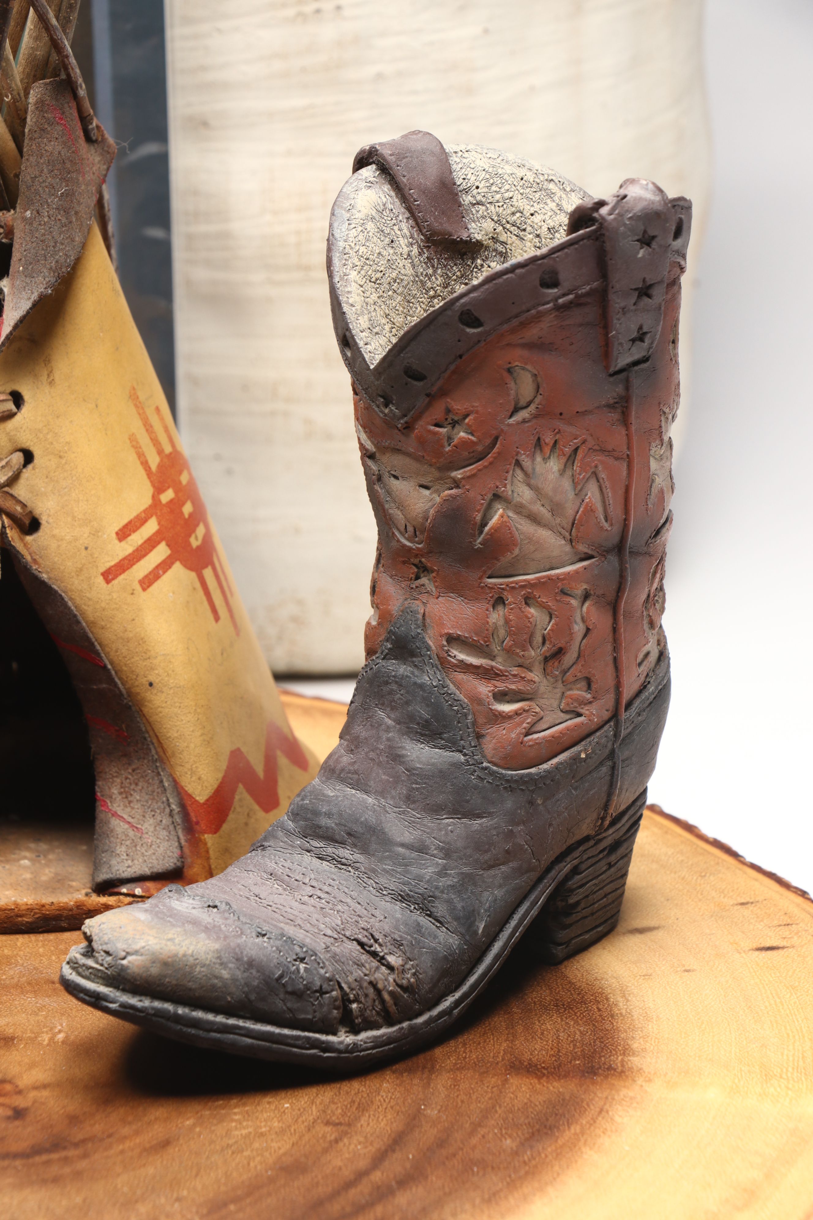 Rustic Wood Serving Tray with Hand-Carved Vases and Bowl with Other Rustic Décor