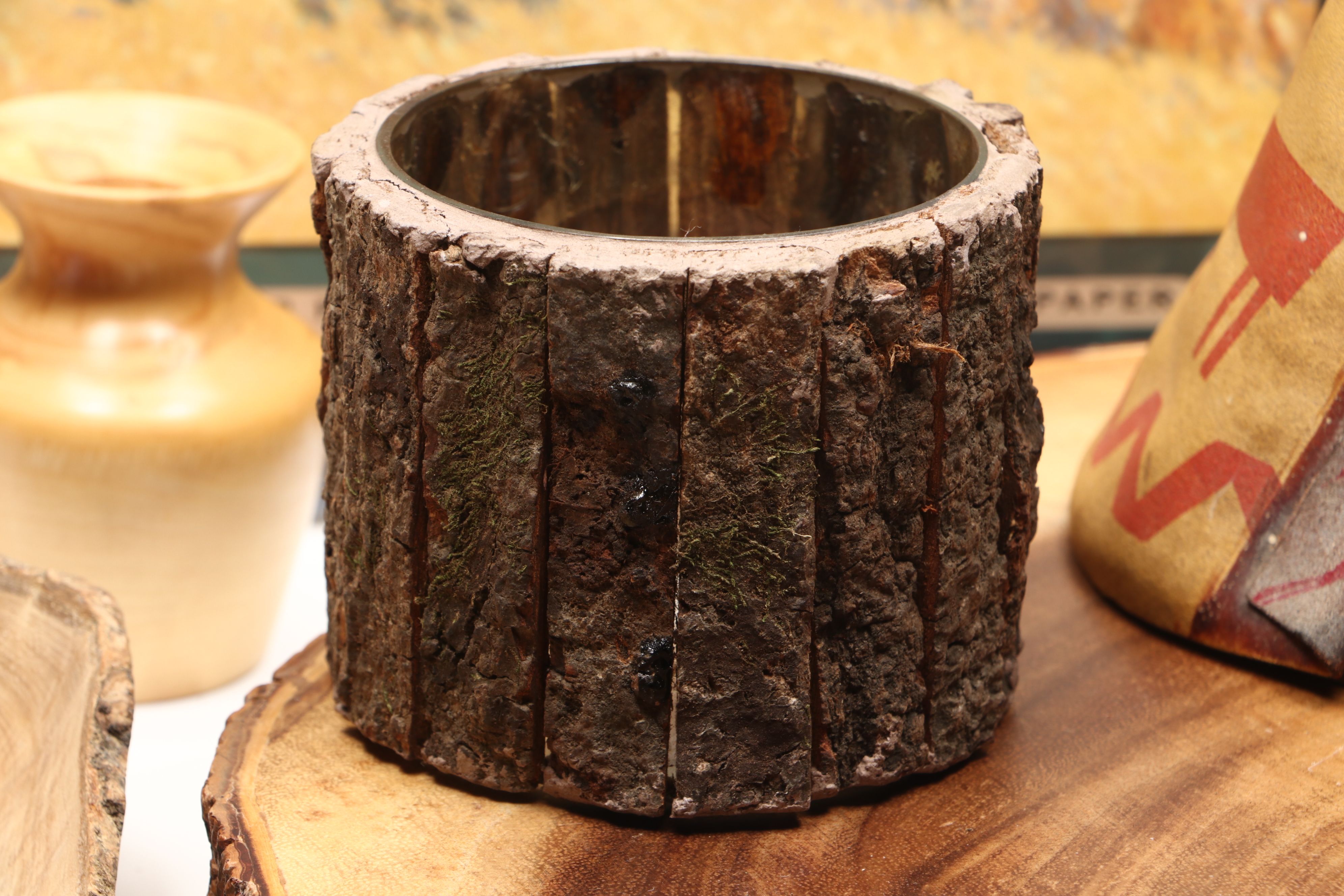 Rustic Wood Serving Tray with Hand-Carved Vases and Bowl with Other Rustic Décor