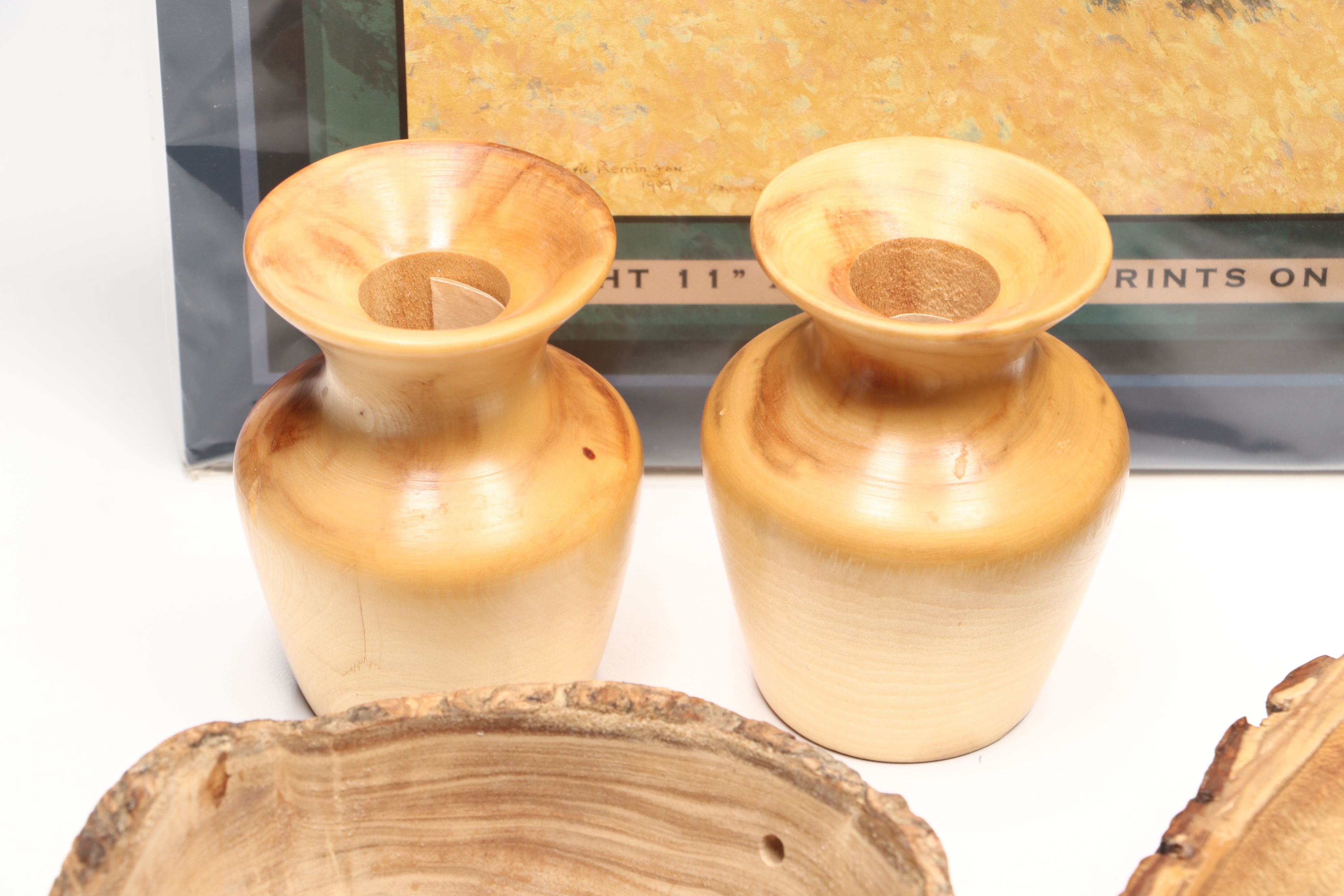 Rustic Wood Serving Tray with Hand-Carved Vases and Bowl with Other Rustic Décor