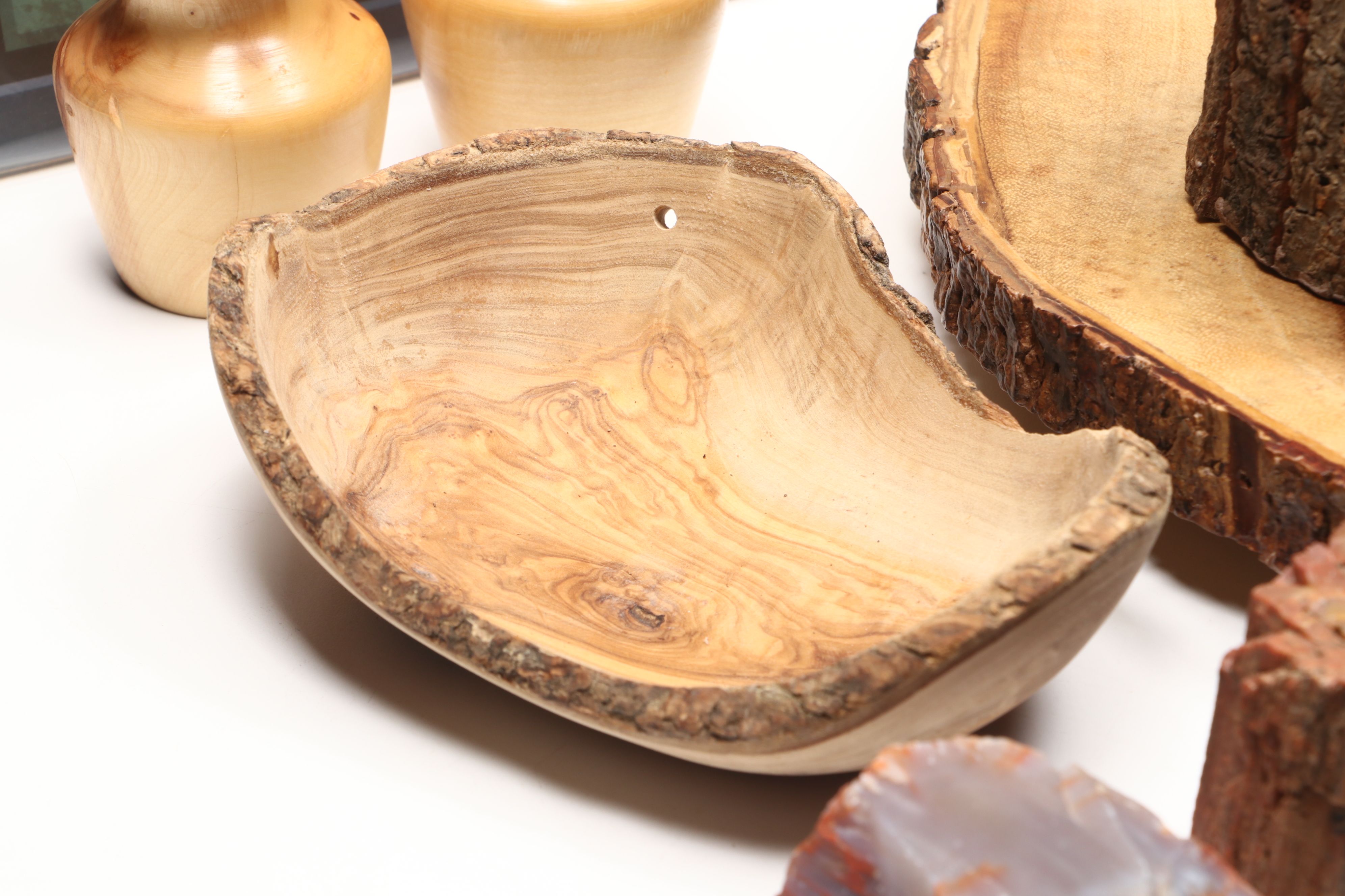 Rustic Wood Serving Tray with Hand-Carved Vases and Bowl with Other Rustic Décor