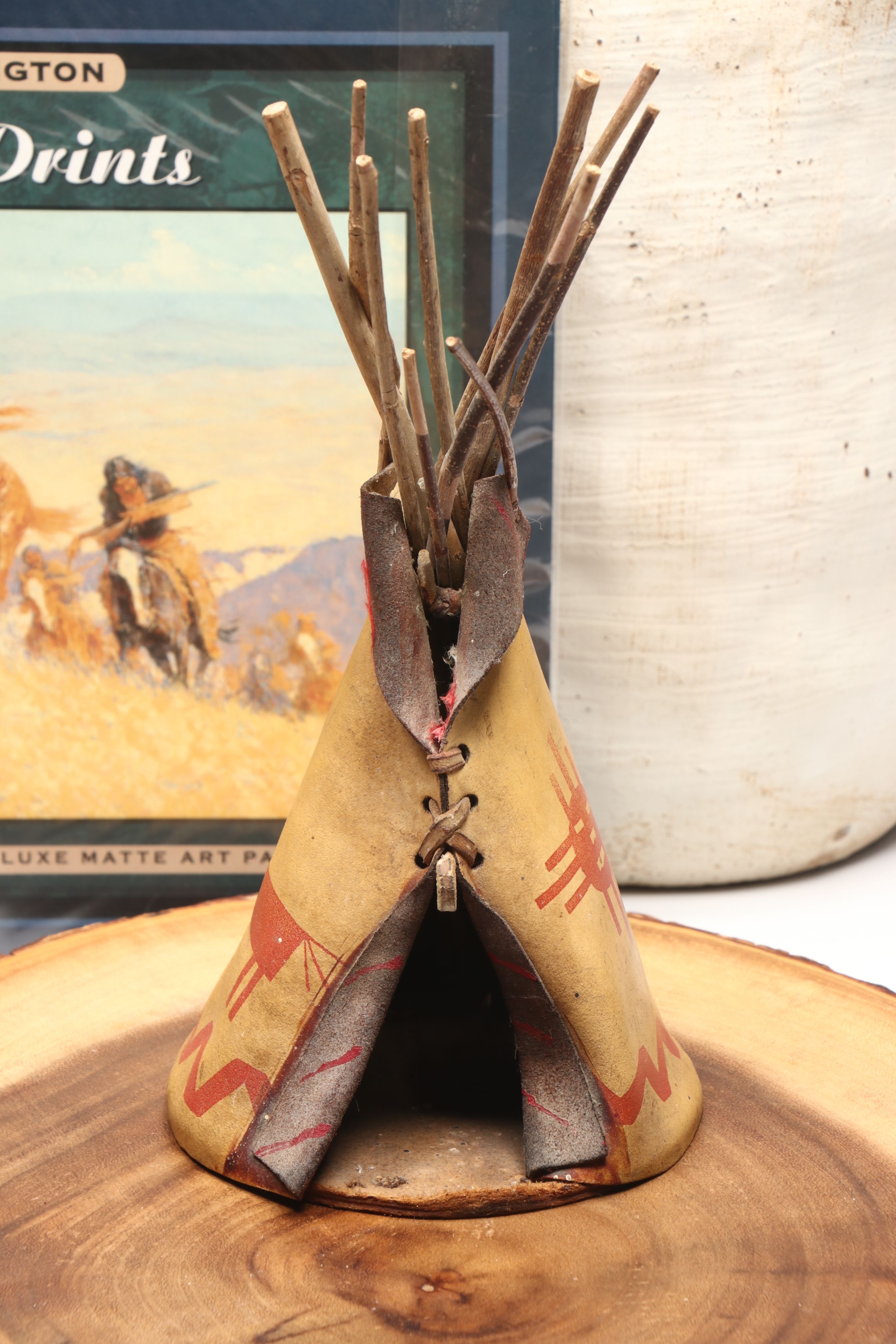 Rustic Wood Serving Tray with Hand-Carved Vases and Bowl with Other Rustic Décor