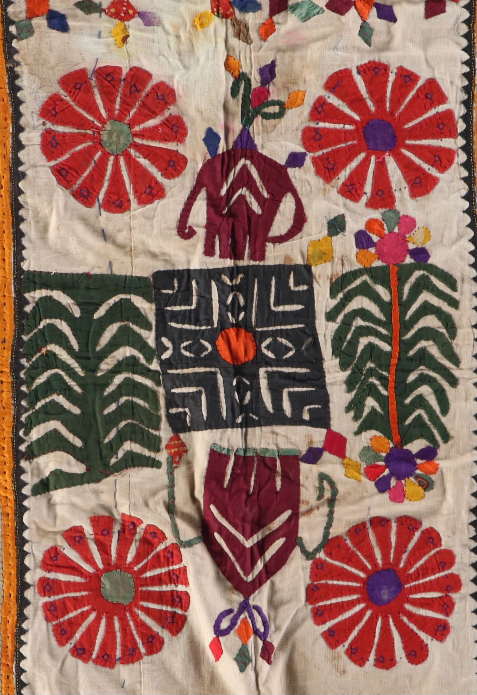 Hand-Pieced Rabari Peoples Multicolor Appliqué Quilt, 20th Century
