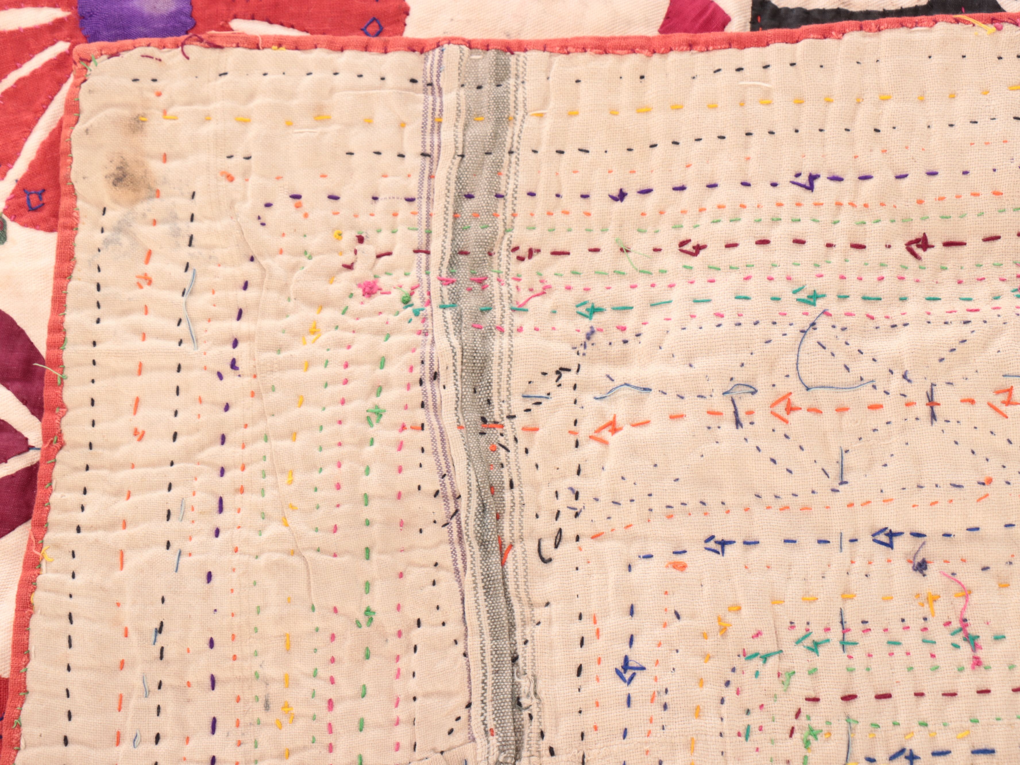 Hand-Pieced Rabari Peoples Multicolor Appliqué Quilt, 20th Century