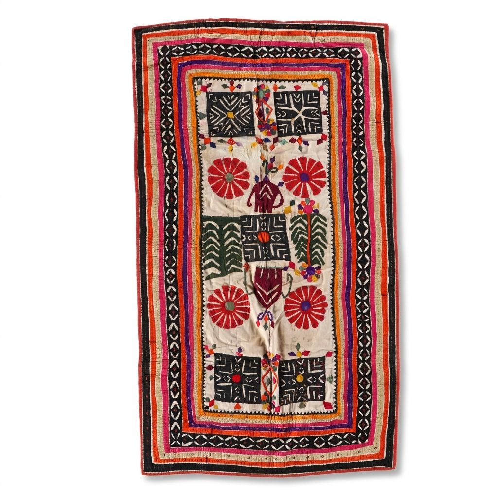 Hand-Pieced Rabari Peoples Multicolor Appliqué Quilt, 20th Century