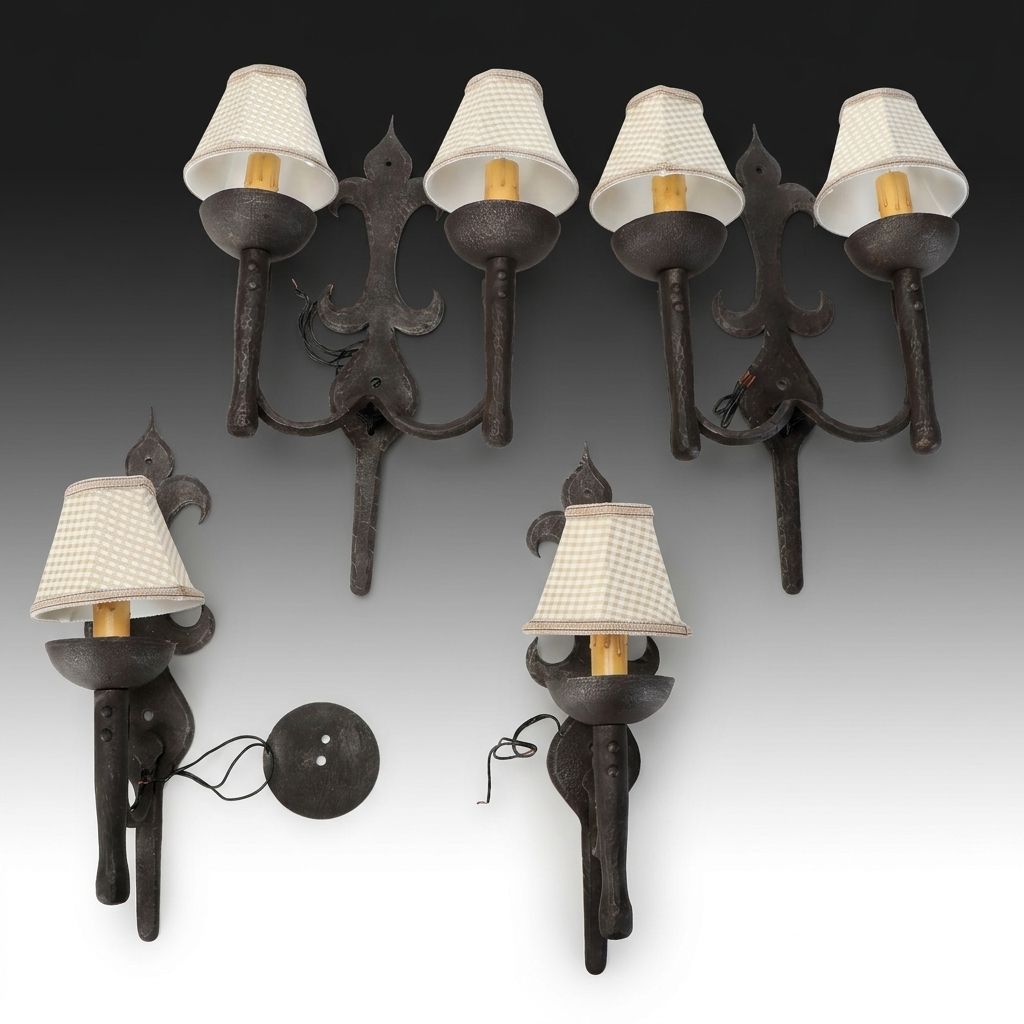 Spanish Revival Style Metal Wall Sconces with Clip on Shades