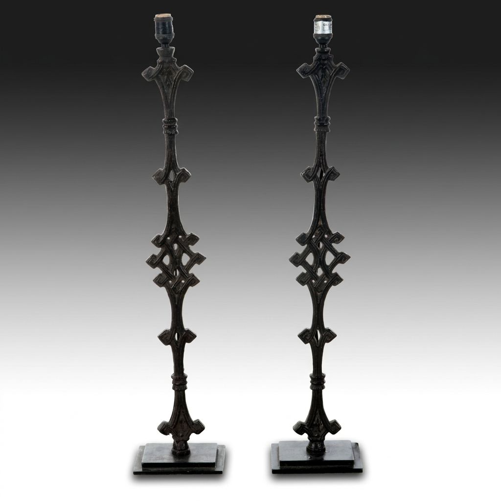 Pair of Restoration Hardware Gothic Style Cast Iron Console Lamps