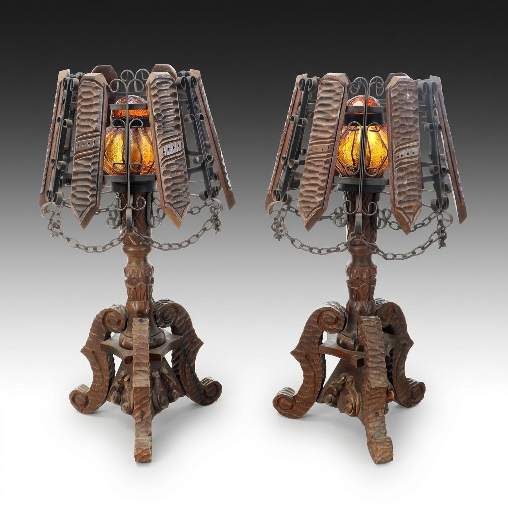 Spanish Revival Style Wrought Iron and Wood Table Lamps with Amber Glass Shades